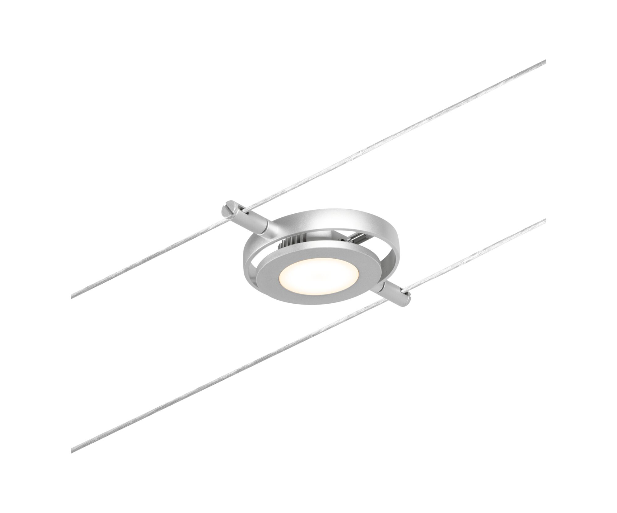 Silberne Lampe mit weißem Licht an Kabeln befestigt.