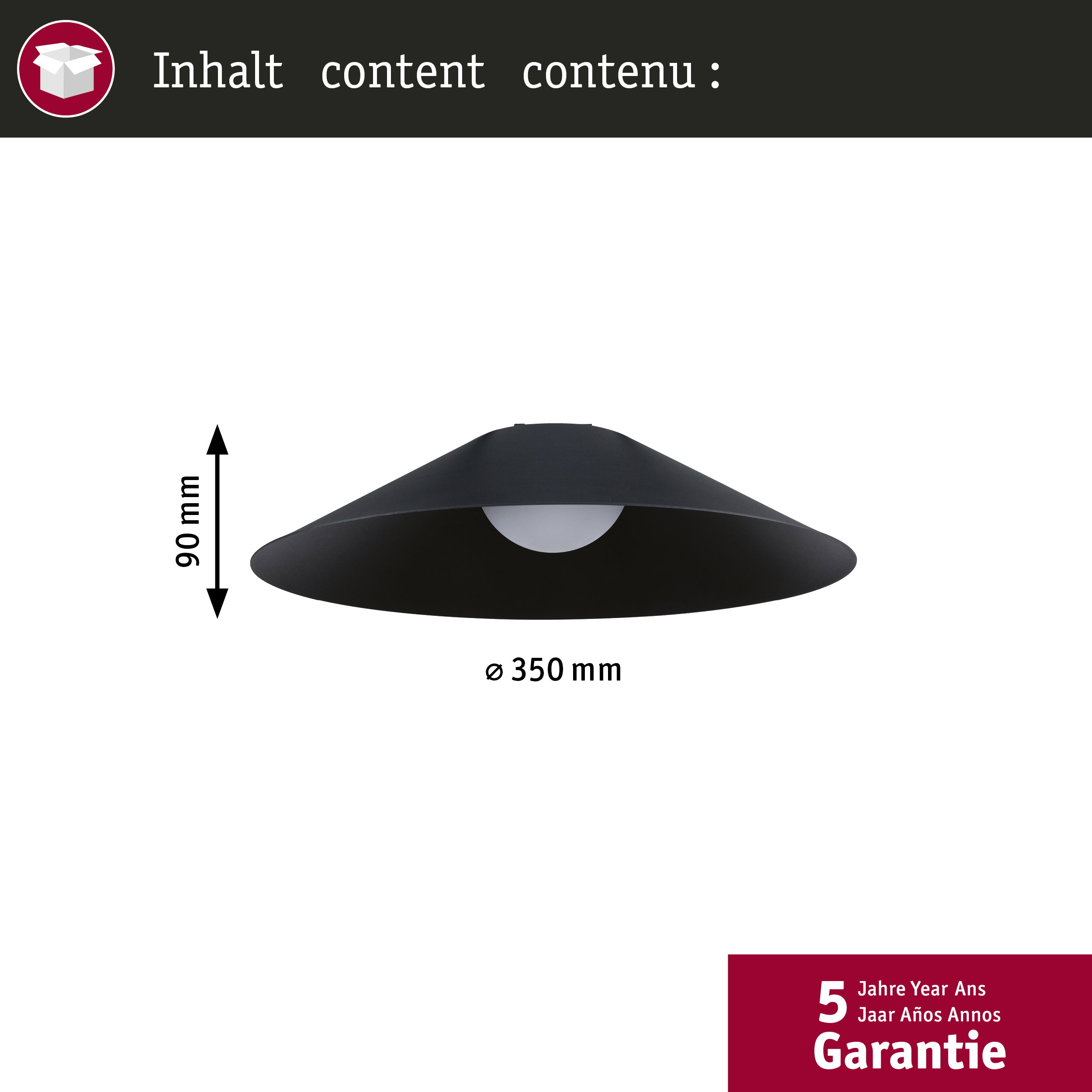 Czarny klosz lampy, szerokość 350 mm, wysokość 90 mm, z żarówką.