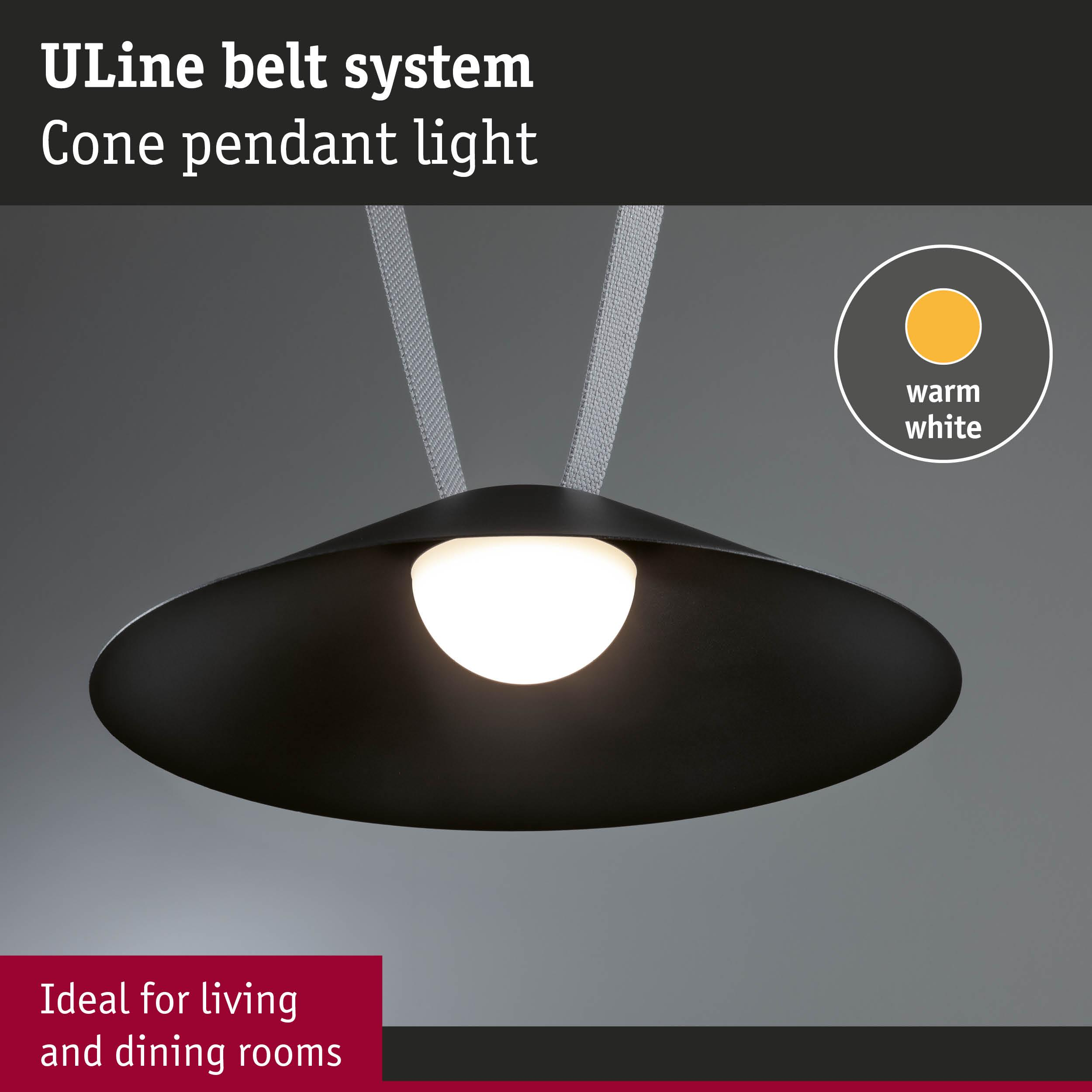 Czarna lampa wisząca stożkowa z ciepłym białym światłem, idealna do salonu/jadalni.
