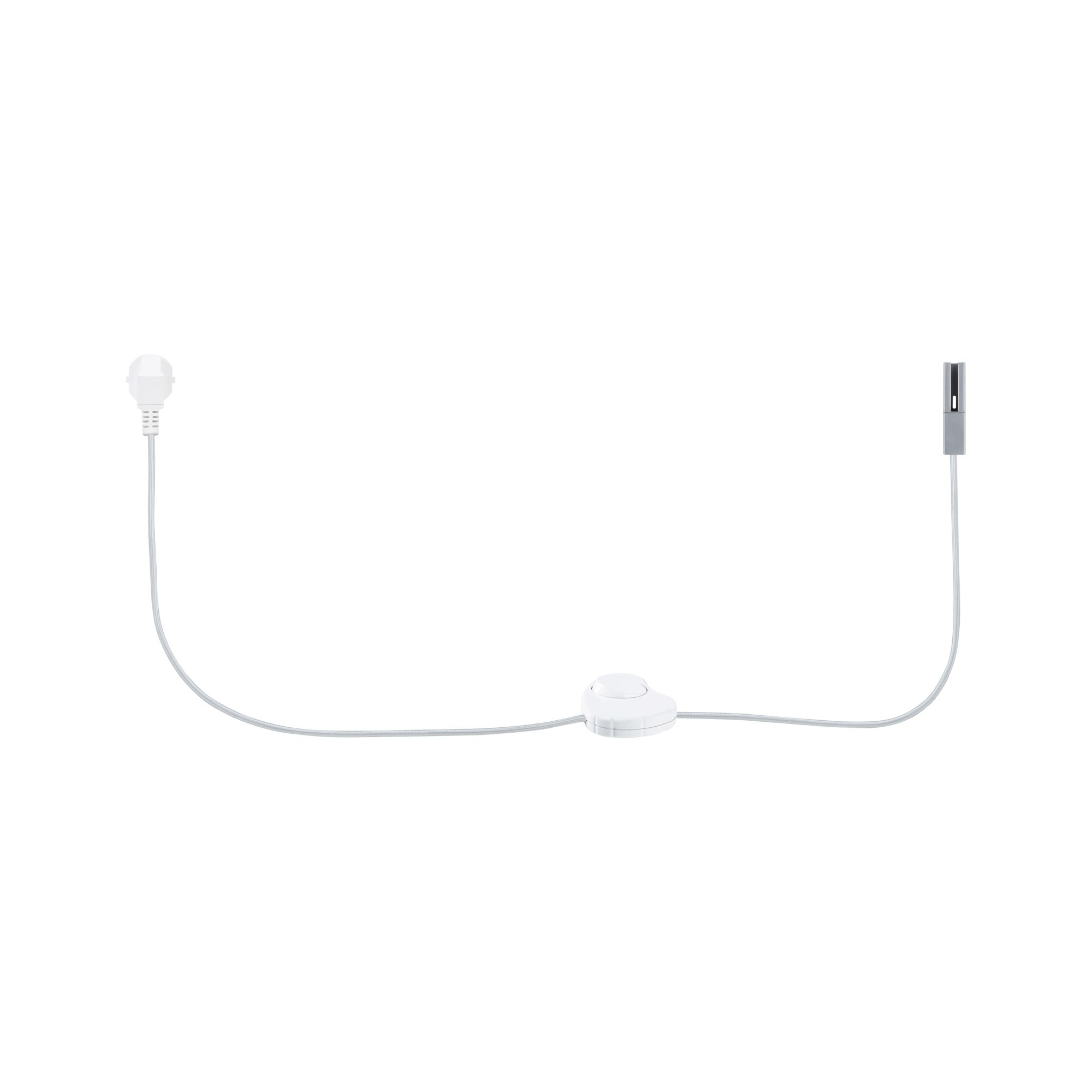 Ein weißer Stecker, ein weißer Schalter und ein grauer Stecker mit Kabel.