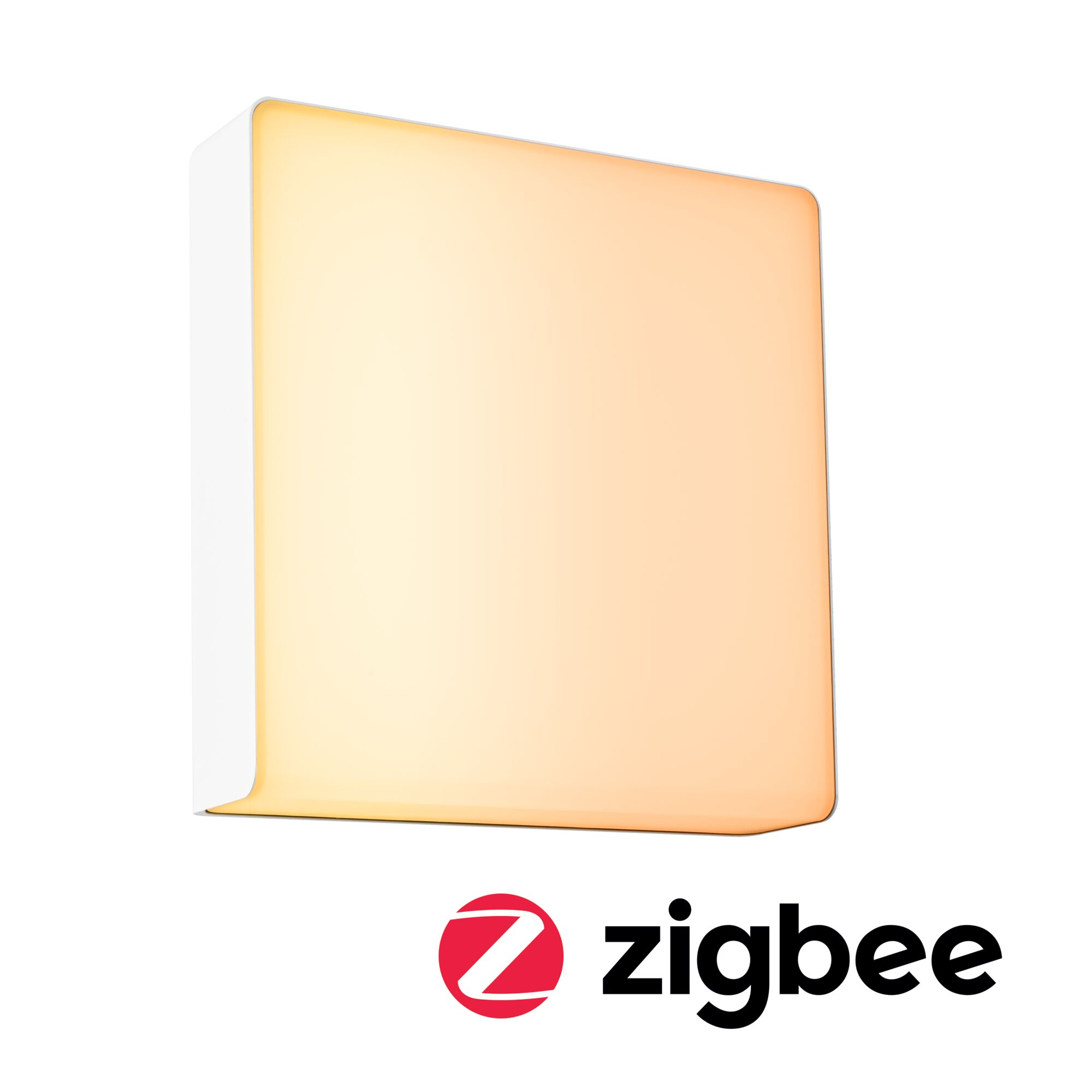 Biały, prostokątny dyfuzor światła emitujący ciepłe światło, z logo Zigbee.