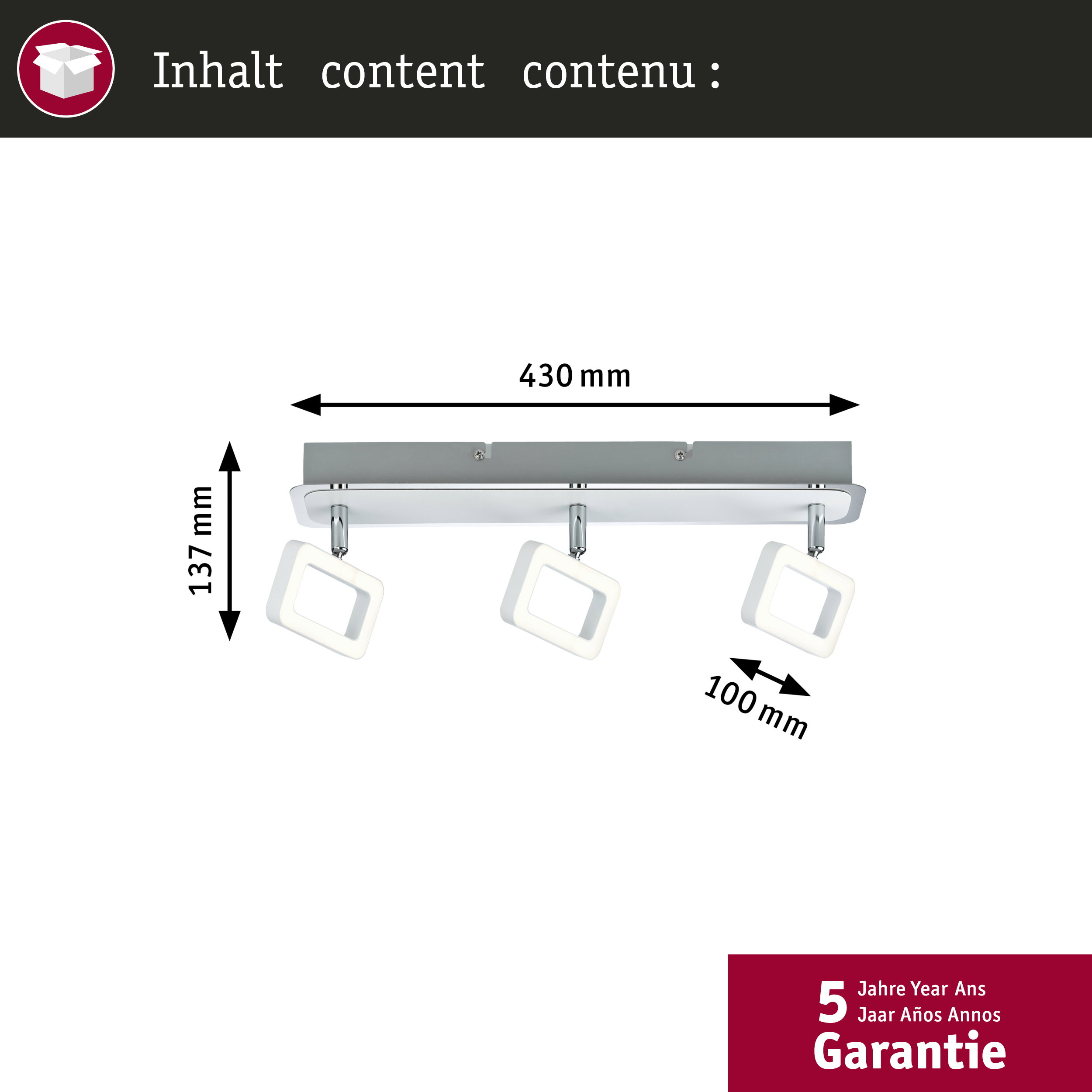 Lampa sufitowa z trzema kwadratowymi białymi kloszami. Wymiary: 430x137x100 mm.