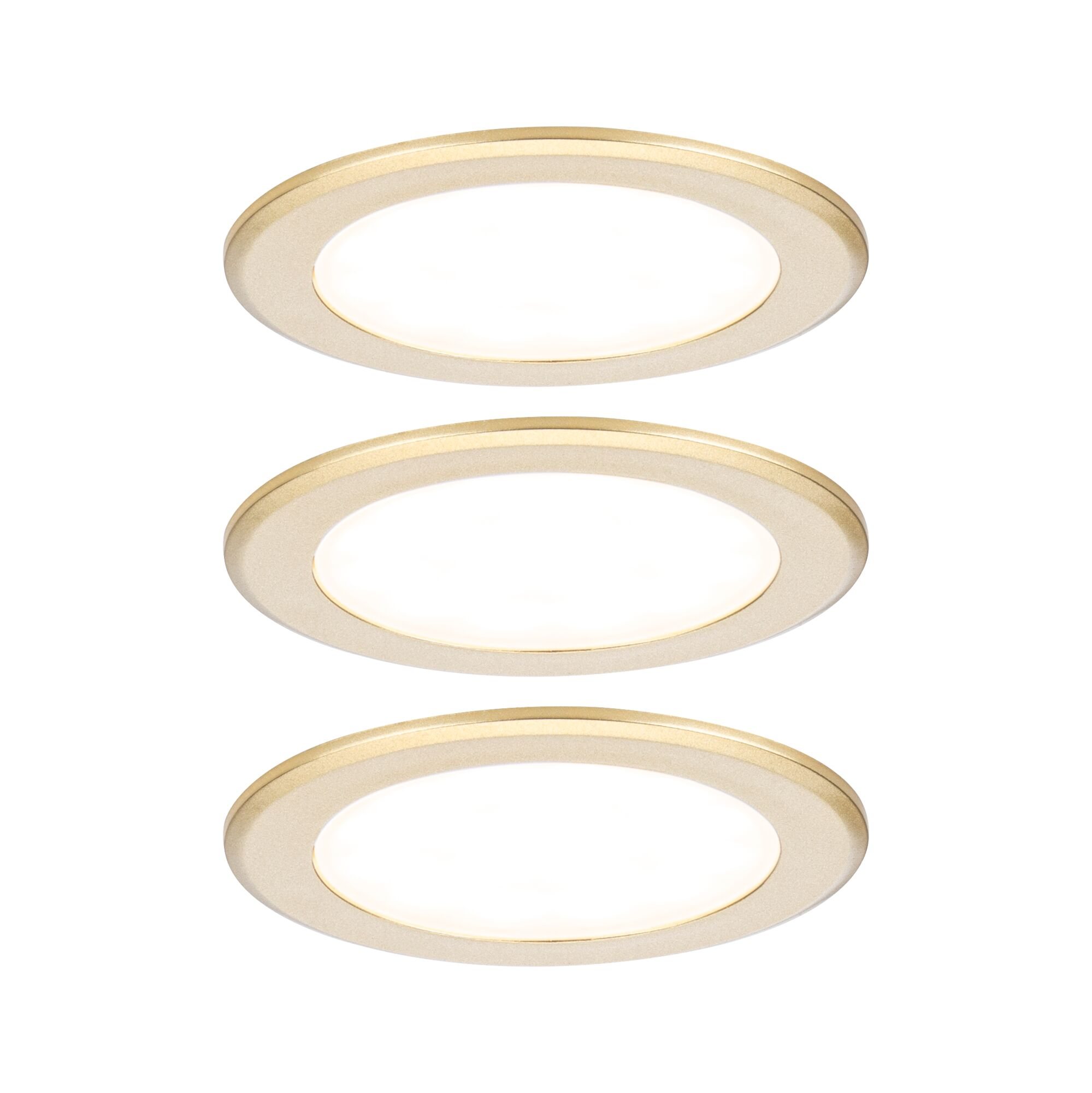 Trzy złote lampy wpuszczane z białym środkiem na białym tle.