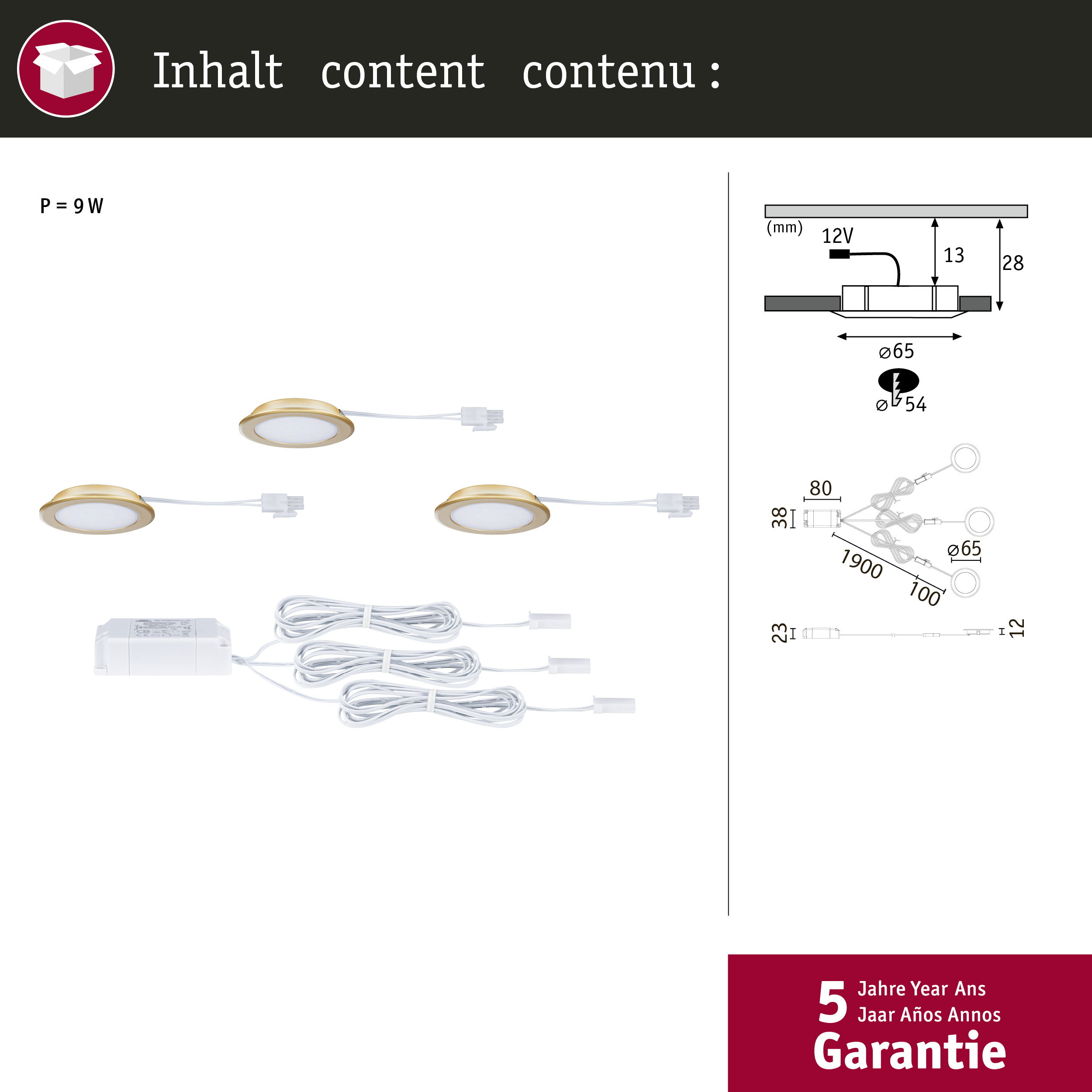 Zestaw 3 okrągłych lamp LED z transformatorem i kablami.
