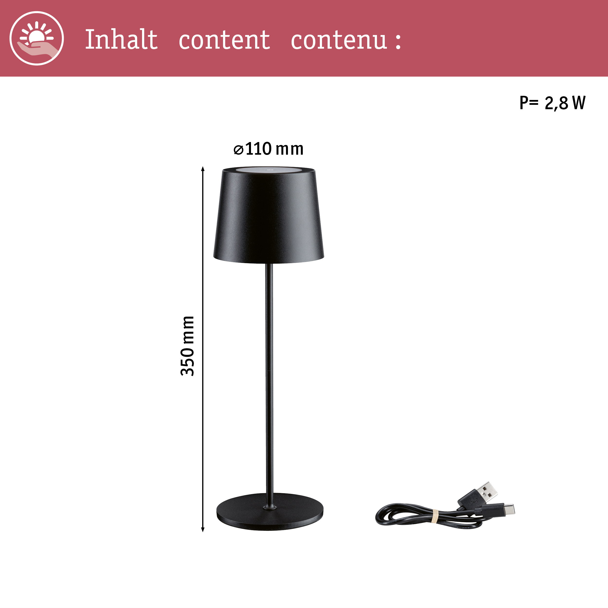 Czarna lampa stołowa z kablem USB. Wys=350mm, Ø=110mm, M=2,8W.