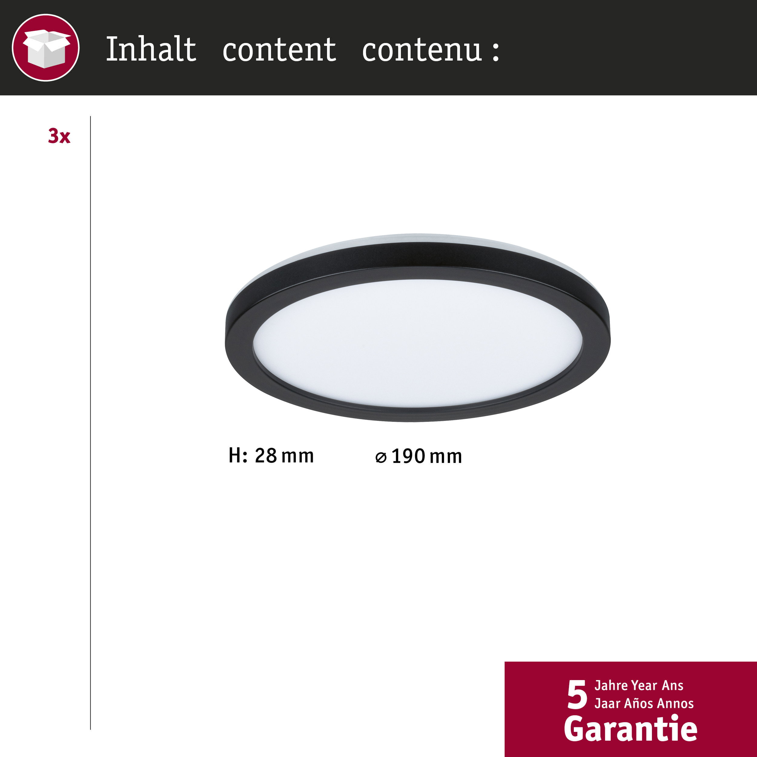 Okrągła lampa sufitowa z czarną ramą, wys: 28mm, śr: 190mm.