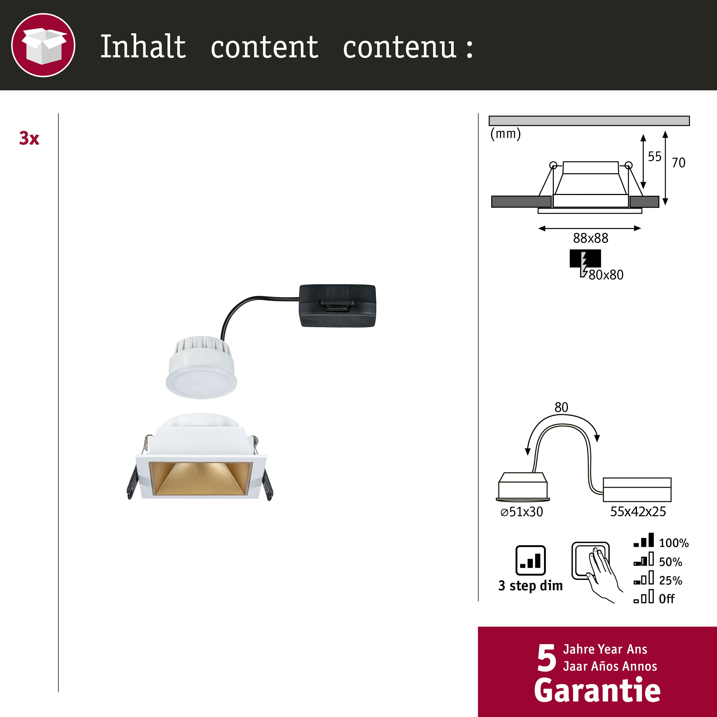 Lampa wpuszczana z driverem i instrukcją montażu. Wymiary i poziomy ściemniania.