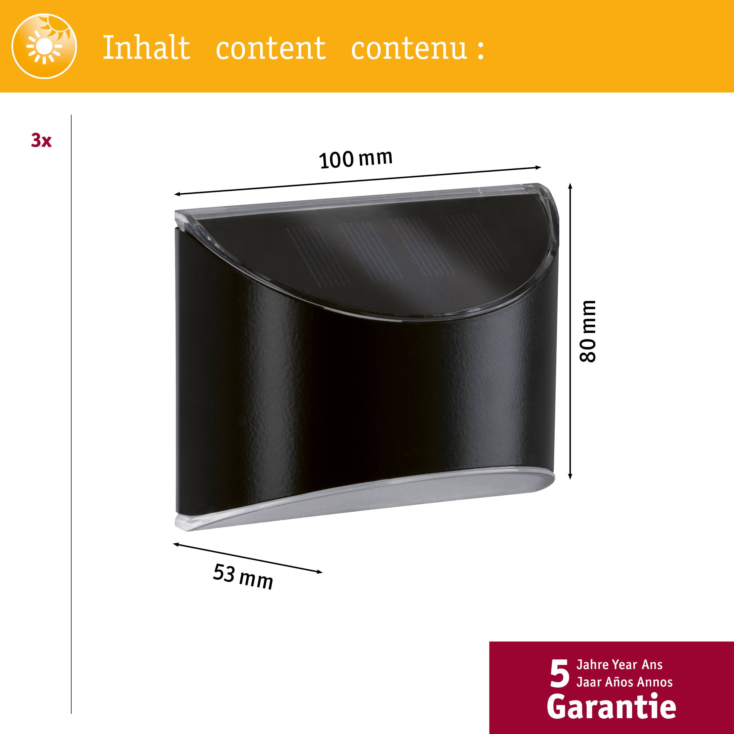 Czarna lampa solarna o wymiarach 100x80x53 mm i 5-letniej gwarancji.