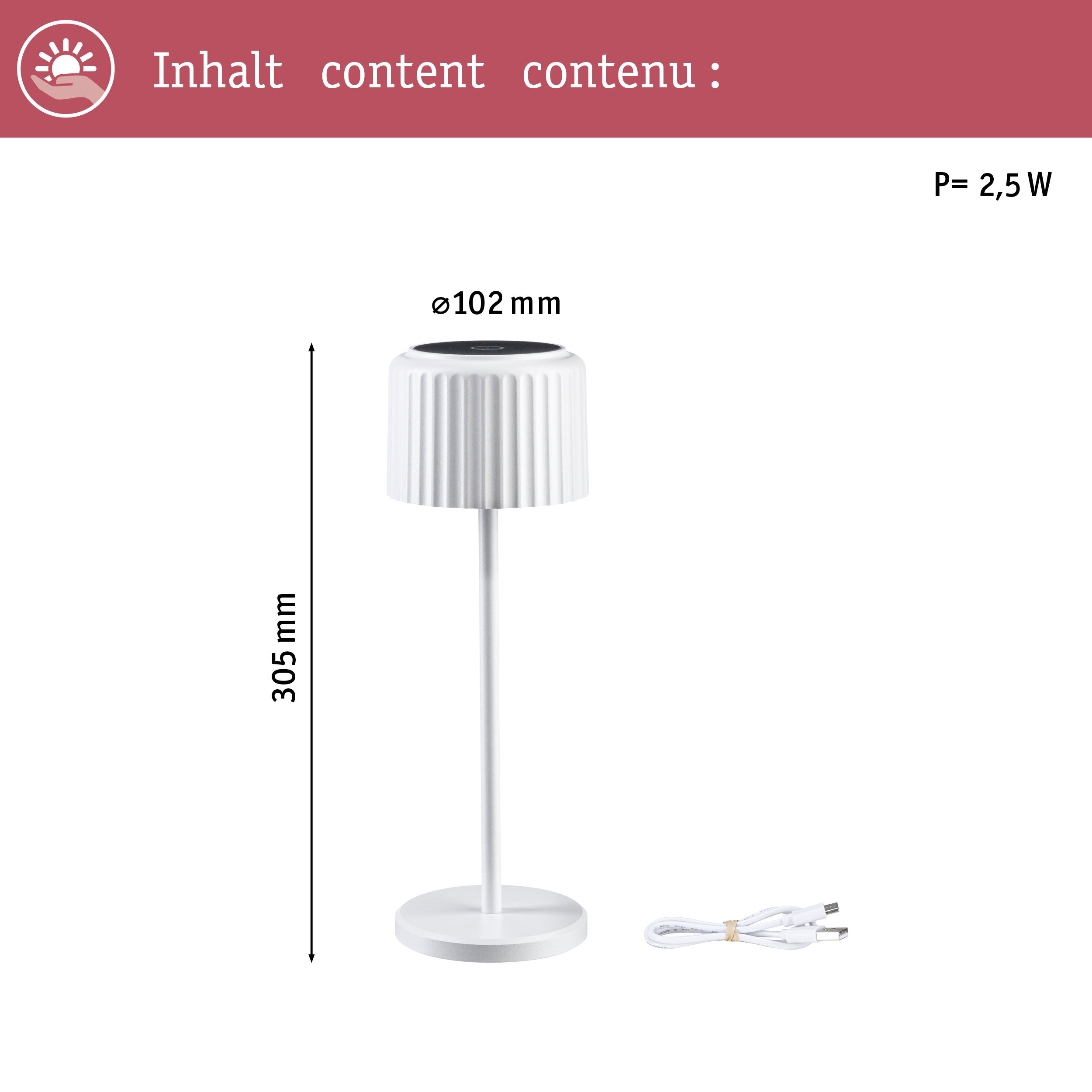 Biała lampa stołowa z kablem USB, wysokość 305 mm, średnica 102 mm.