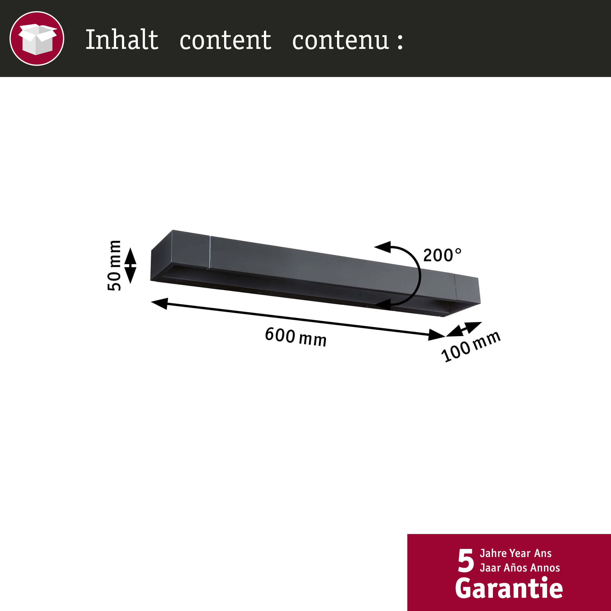 Schwarzer rechteckiger Balken mit Maßen 600x100x50mm und 200° Winkel.