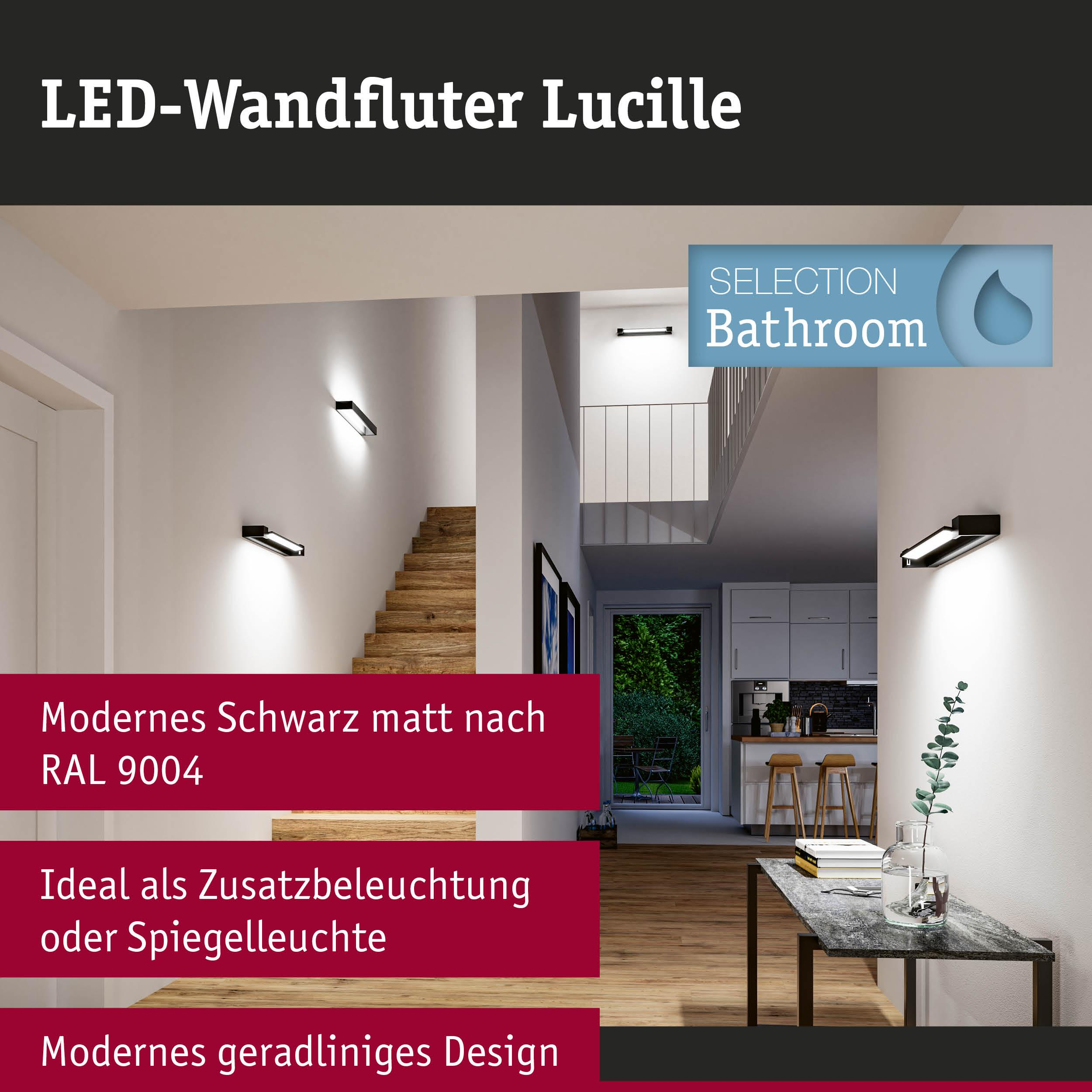 LED-Wandfluter Lucille in modernem Schwarz matt (RAL 9004) für Badezimmer.