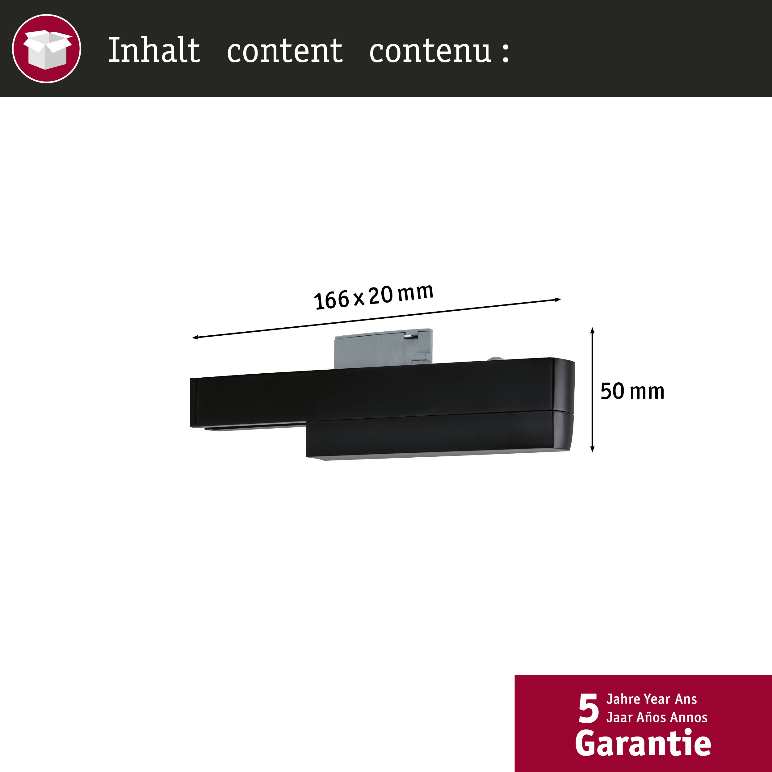 Schwarzer Gegenstand mit Maßen 166x20x50mm. 5 Jahre Garantie.