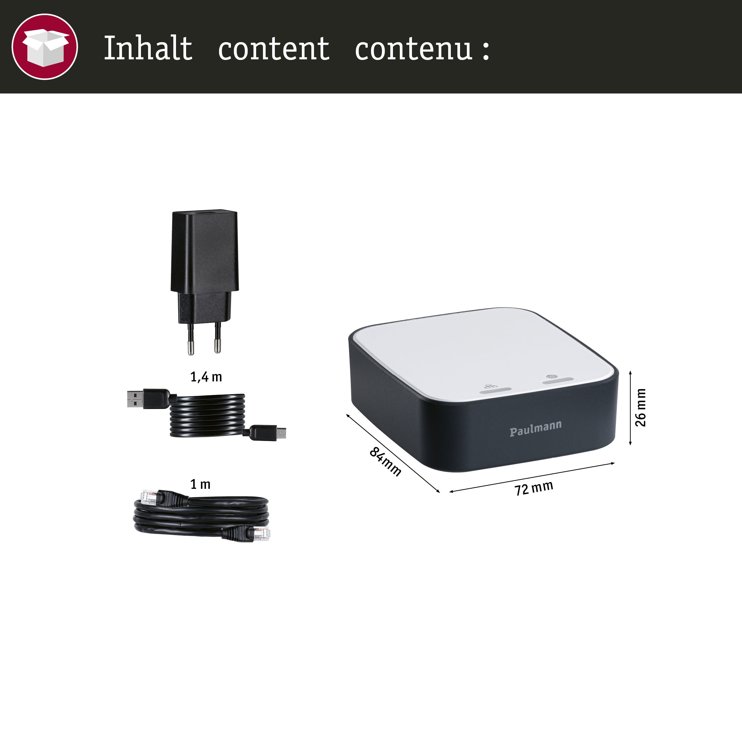 Zasilacz, kabel USB i kabel sieciowy obok białego urządzenia Paulmann.