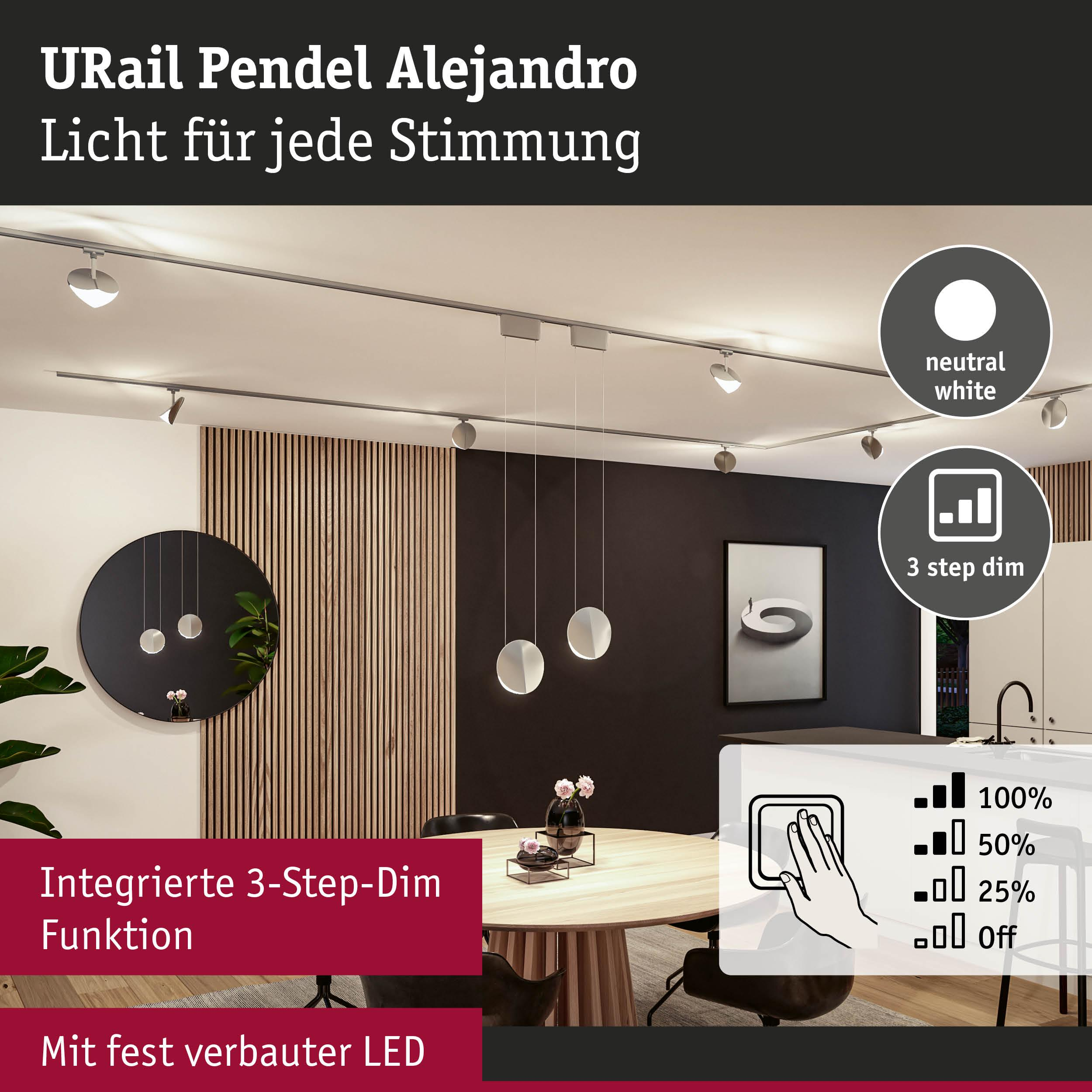 URail Pendel Alejandro: neutral white light, 3 step dim. Integrated function.