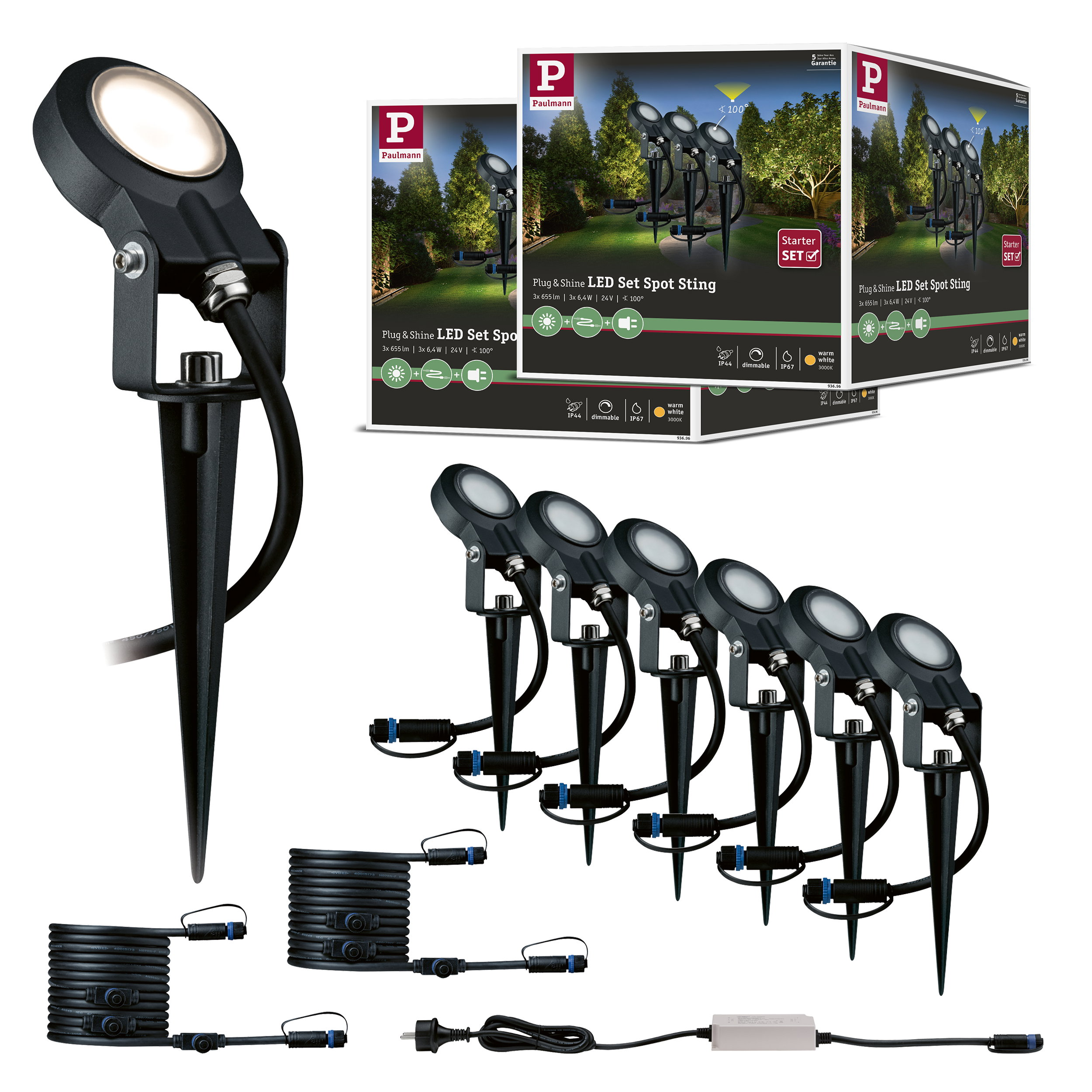 Czarne reflektory ogrodowe LED ze szpilką, kablami, wtyczką i zasilaczem.