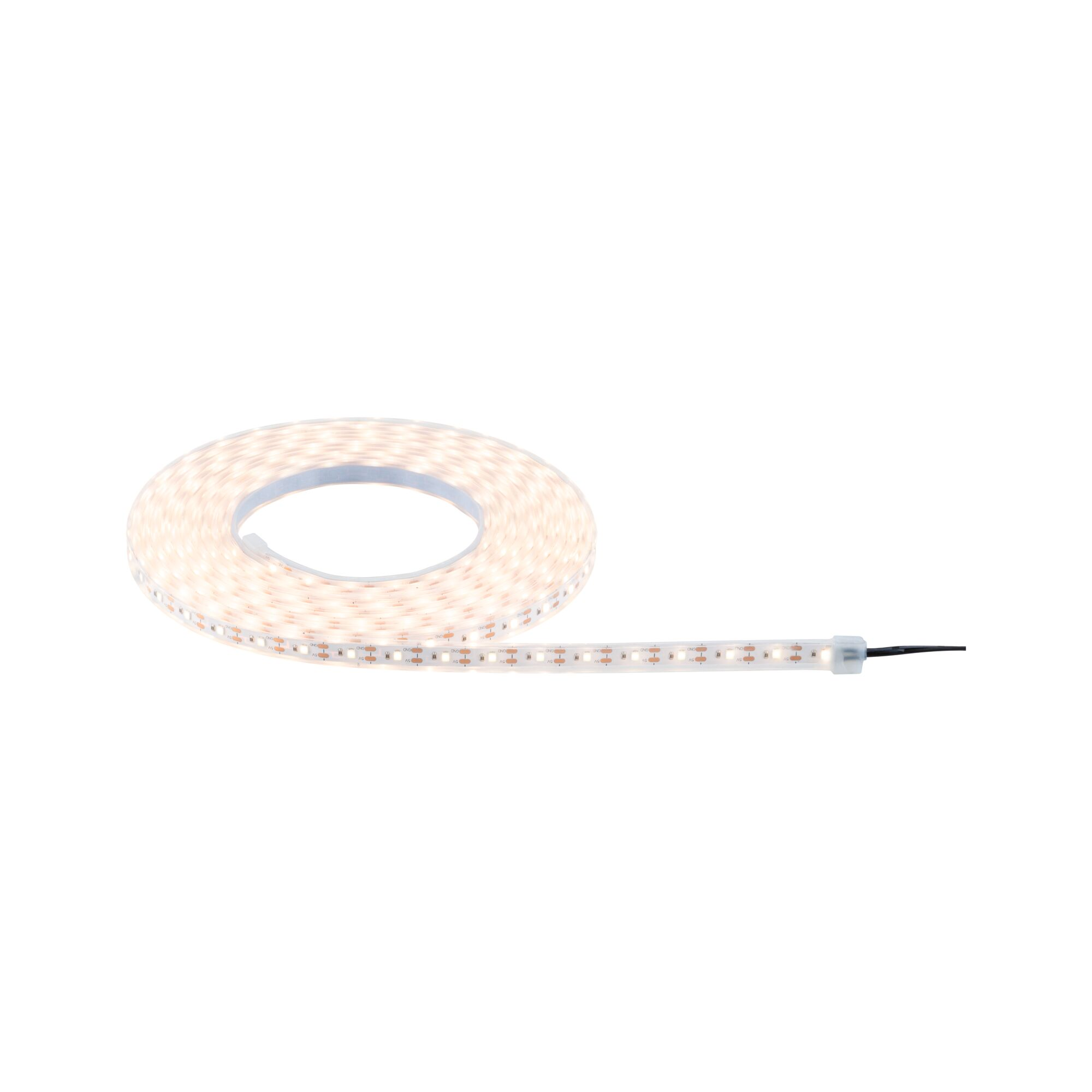 Eine aufgerollte LED-Lichtleiste mit weißen LEDs und einem schwarzen Kabel.