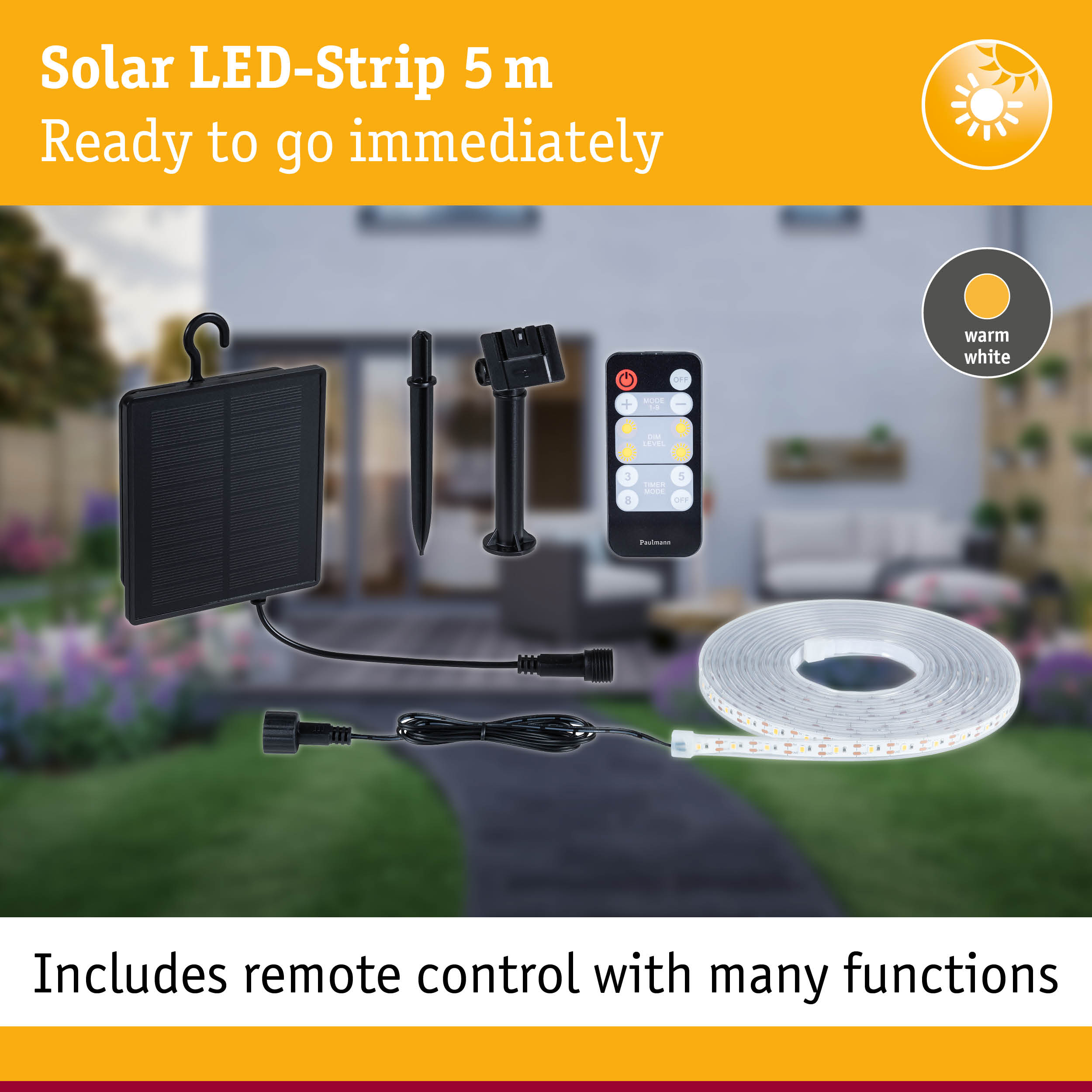 Solar-LED-Streifen mit Fernbedienung, Solarpanel und Erdspieß.