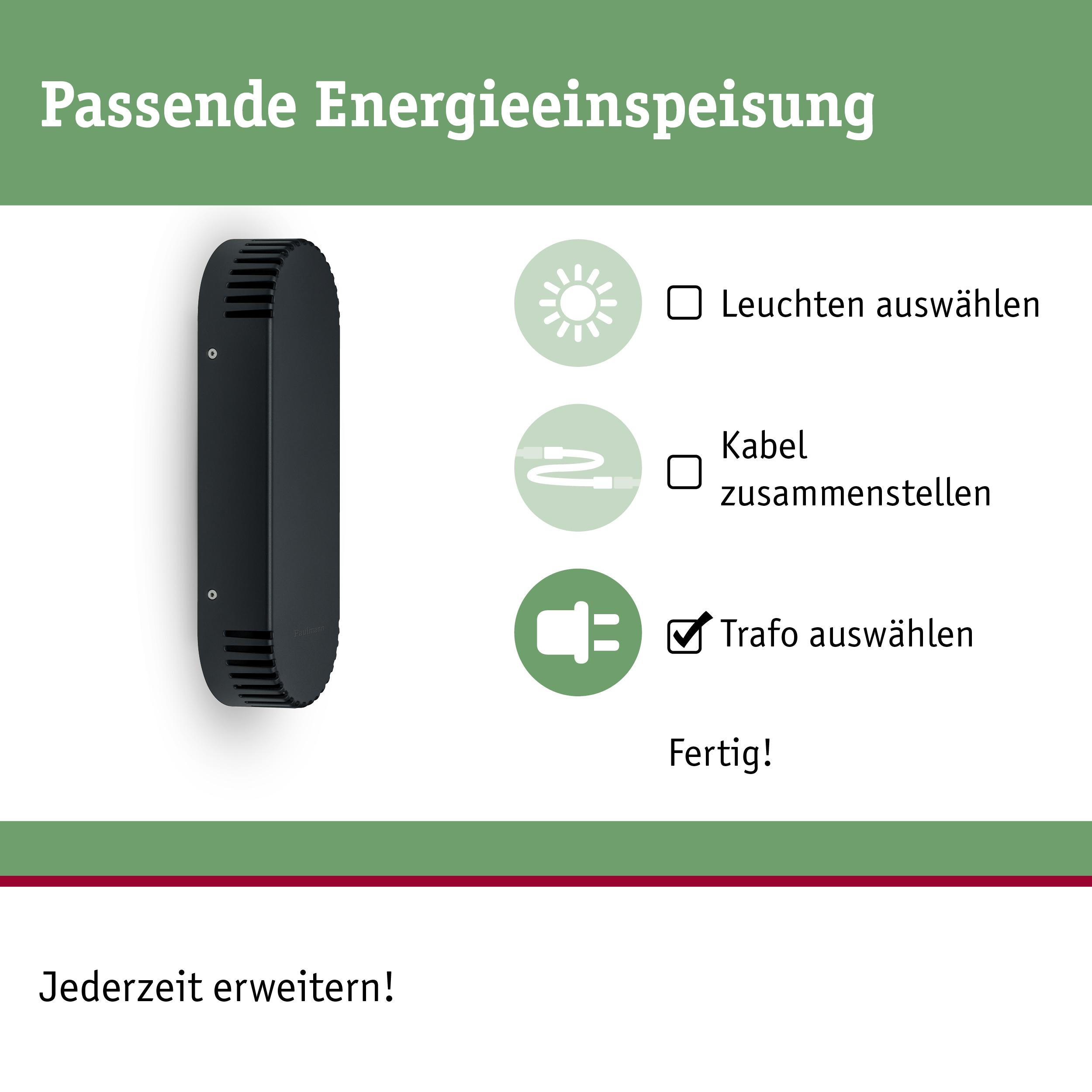Appareil noir avec options : luminaires, câble, transformateur. Texte : Alimentation électrique adaptée.