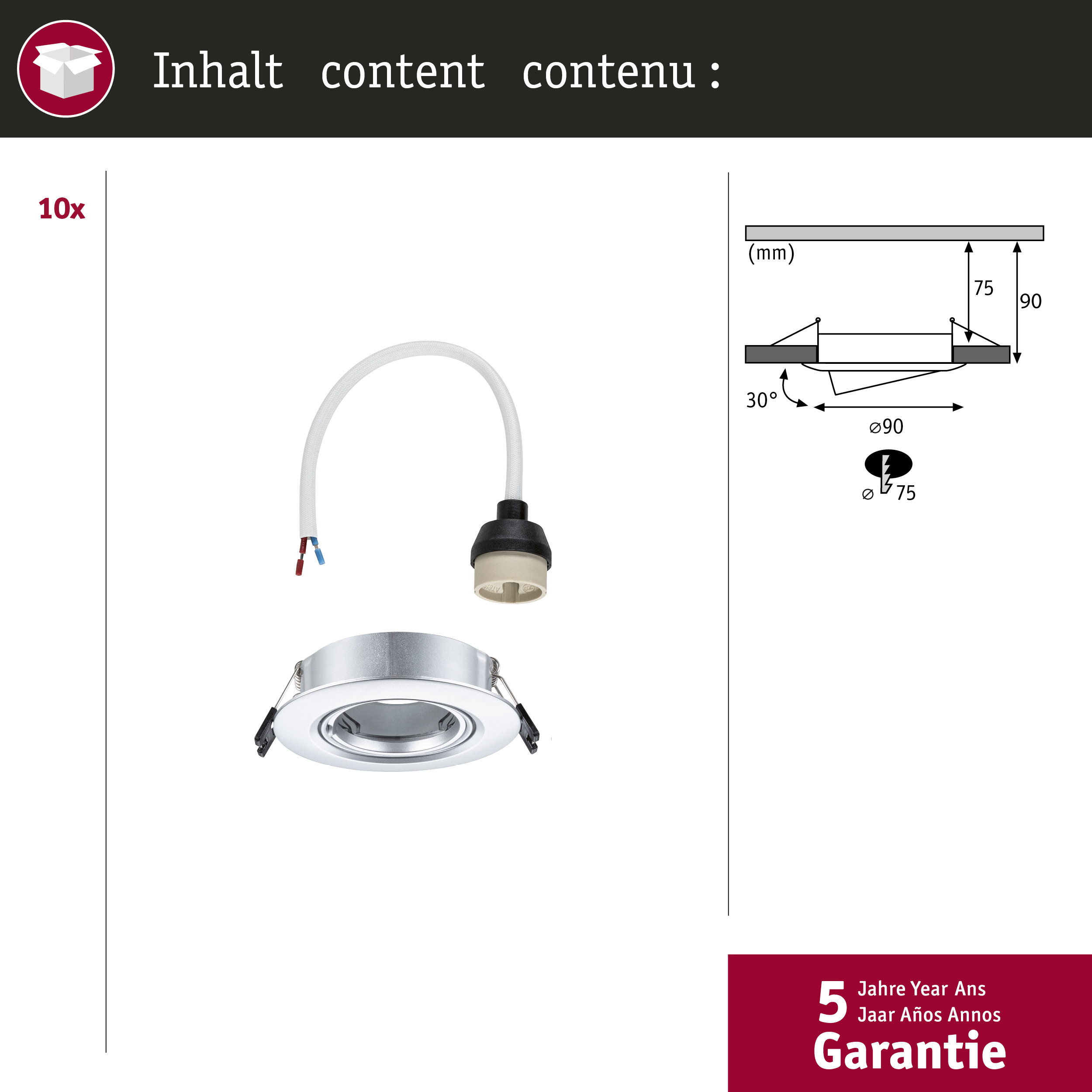 Einbauleuchte mit Kabel und Stecker, technische Zeichnung mit Maßen.