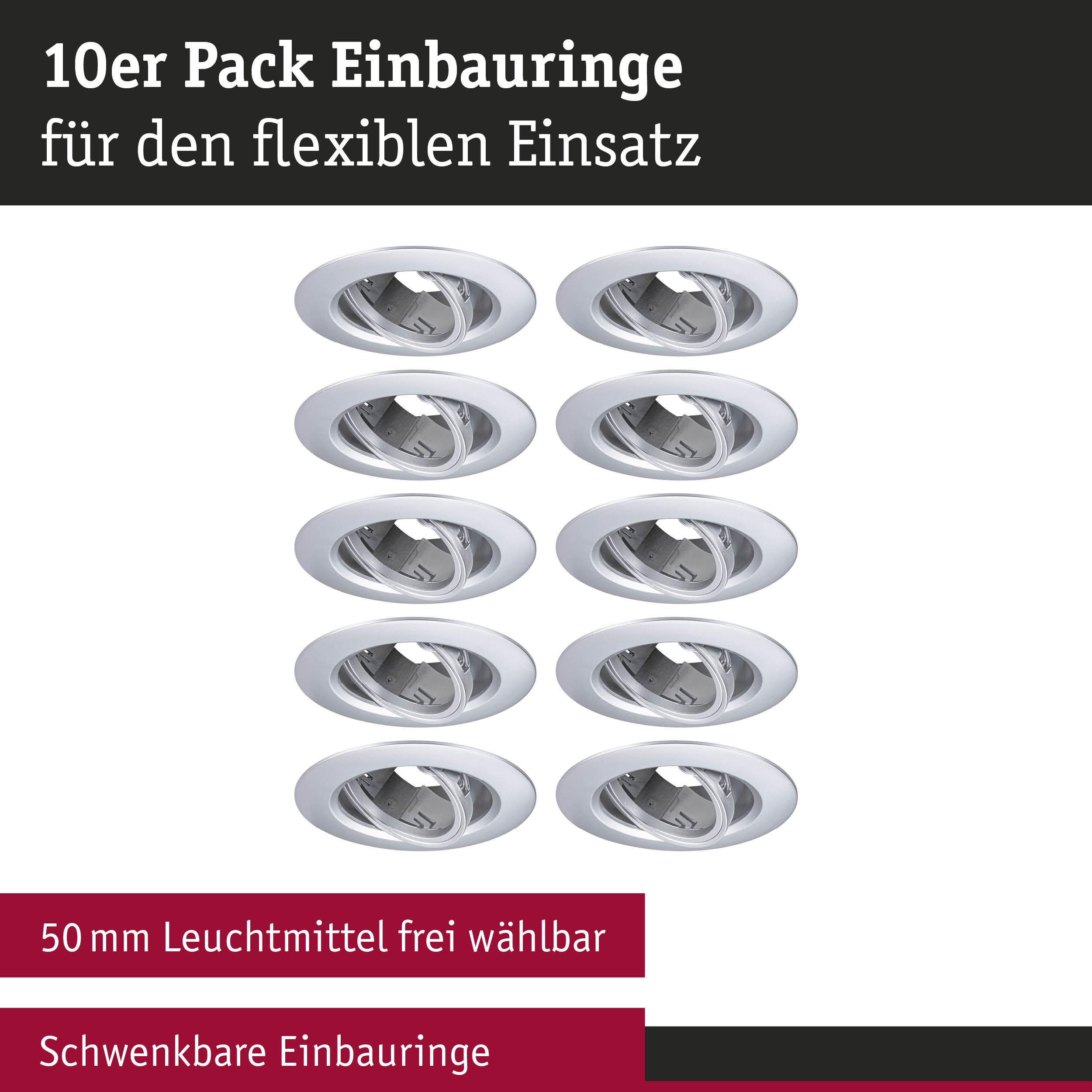 Zehn silberne Einbauringe mit flexiblen Gelenken, 50mm Leuchtmittel.