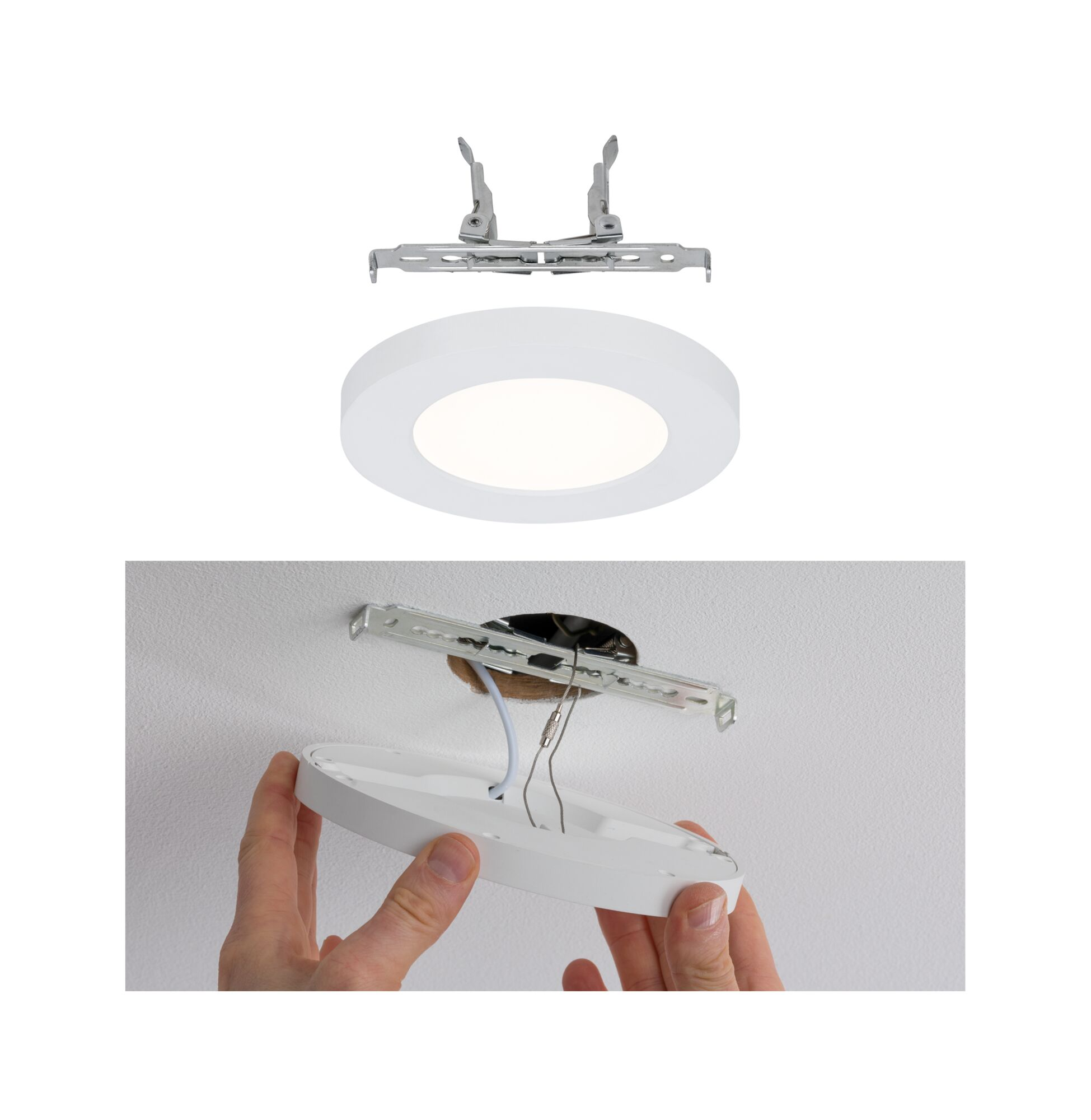 Installazione di una plafoniera rotonda con staffa e cavi.