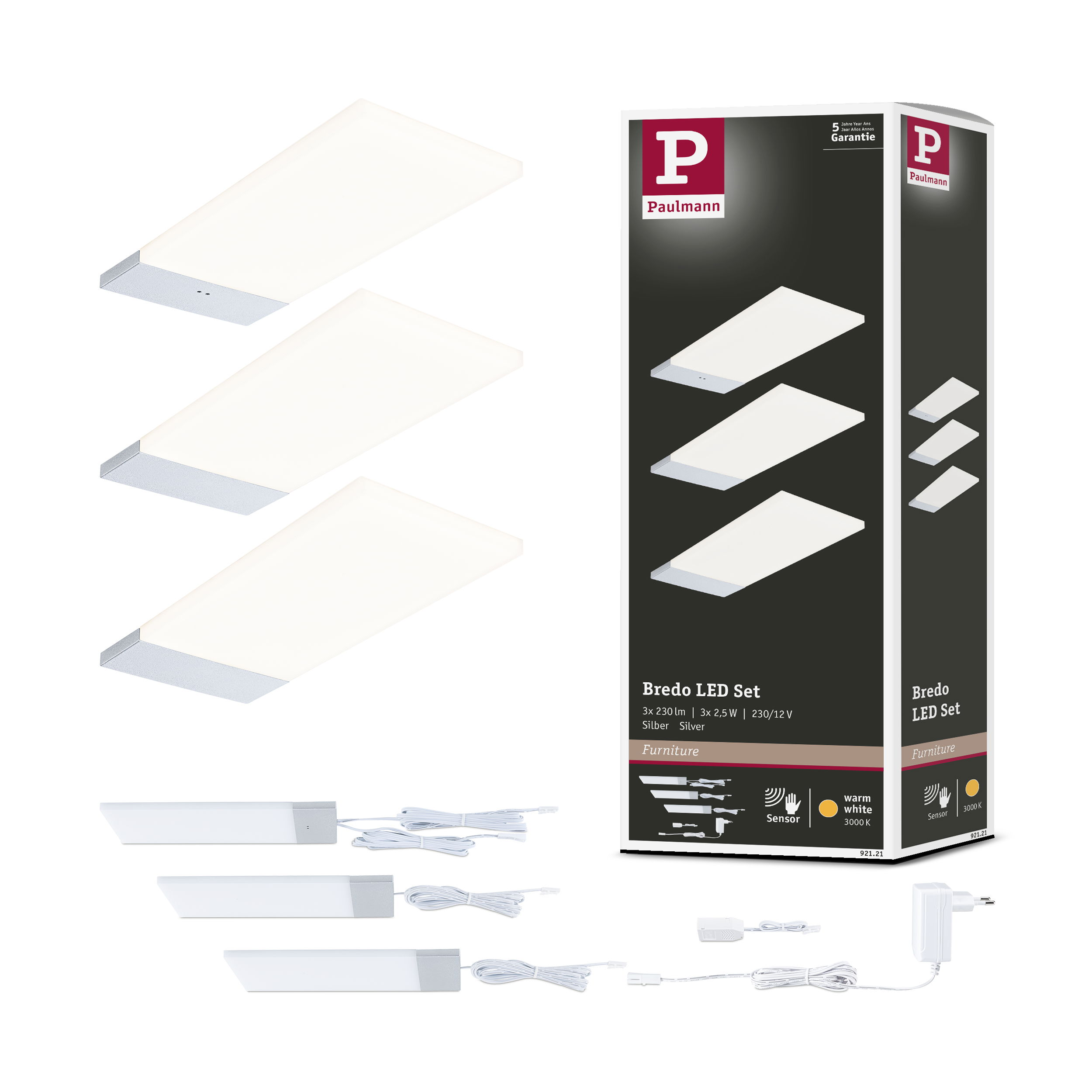 Zestaw LED Paulmann Bredo z trzema srebrnymi lampami, kablami i zasilaczem.