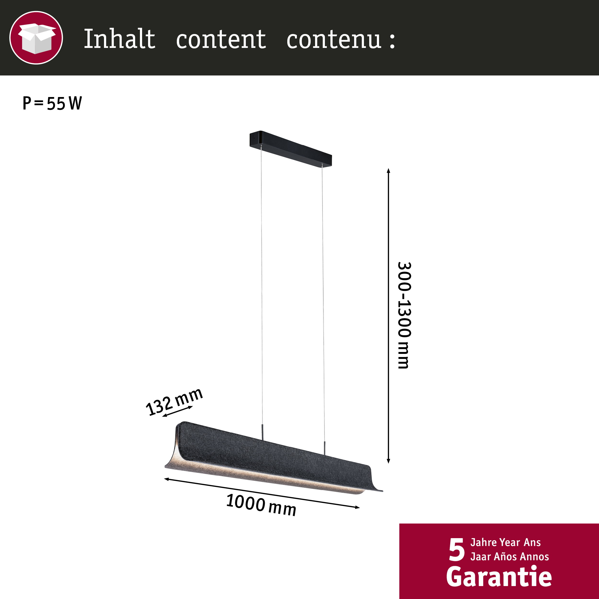 Schwarze Hängeleuchte, 1000mm lang, 132mm breit, Höhe 300-1300mm.