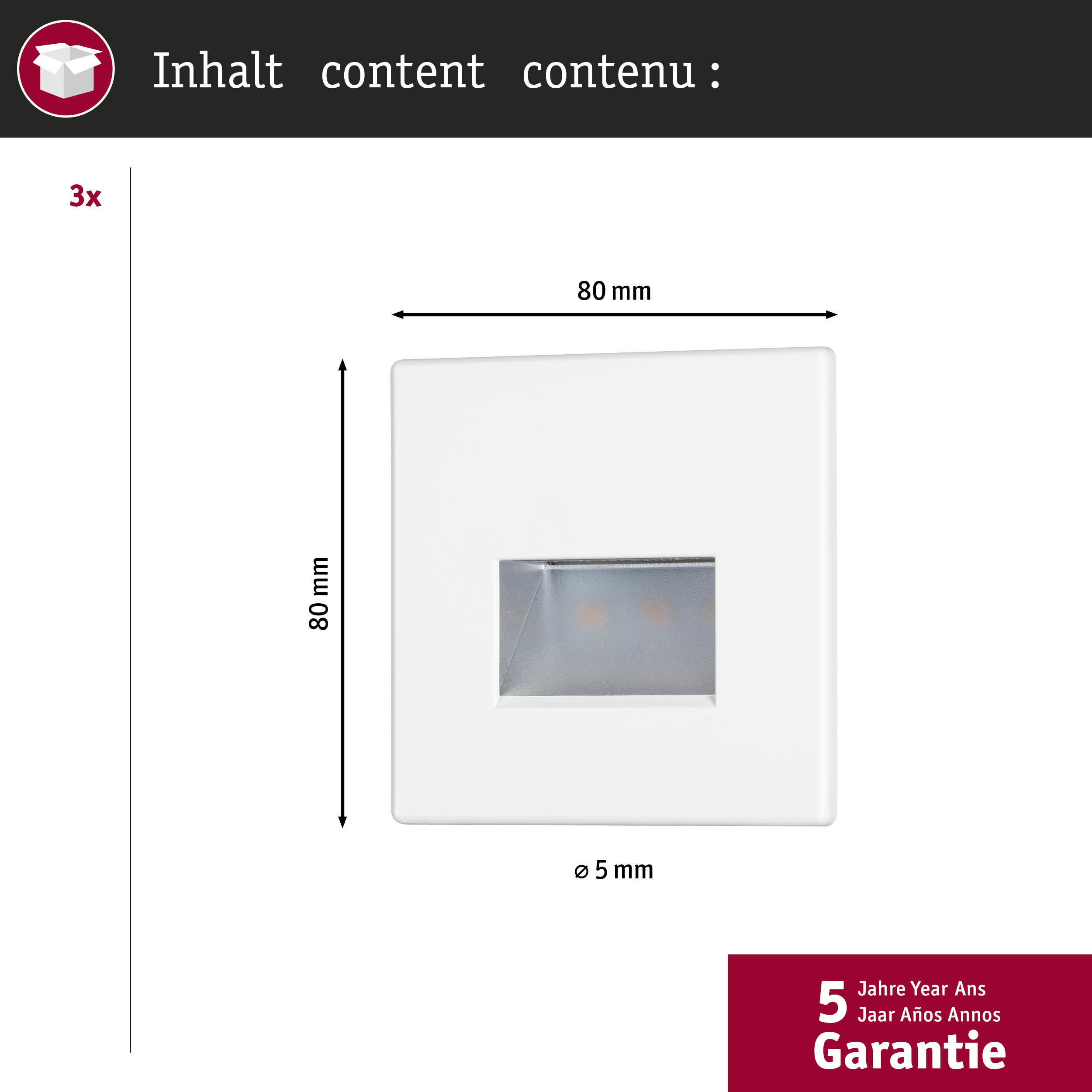 Białe kwadratowe światło 80x80mm z 3 diodami LED. Gwarancja 5 lat.
