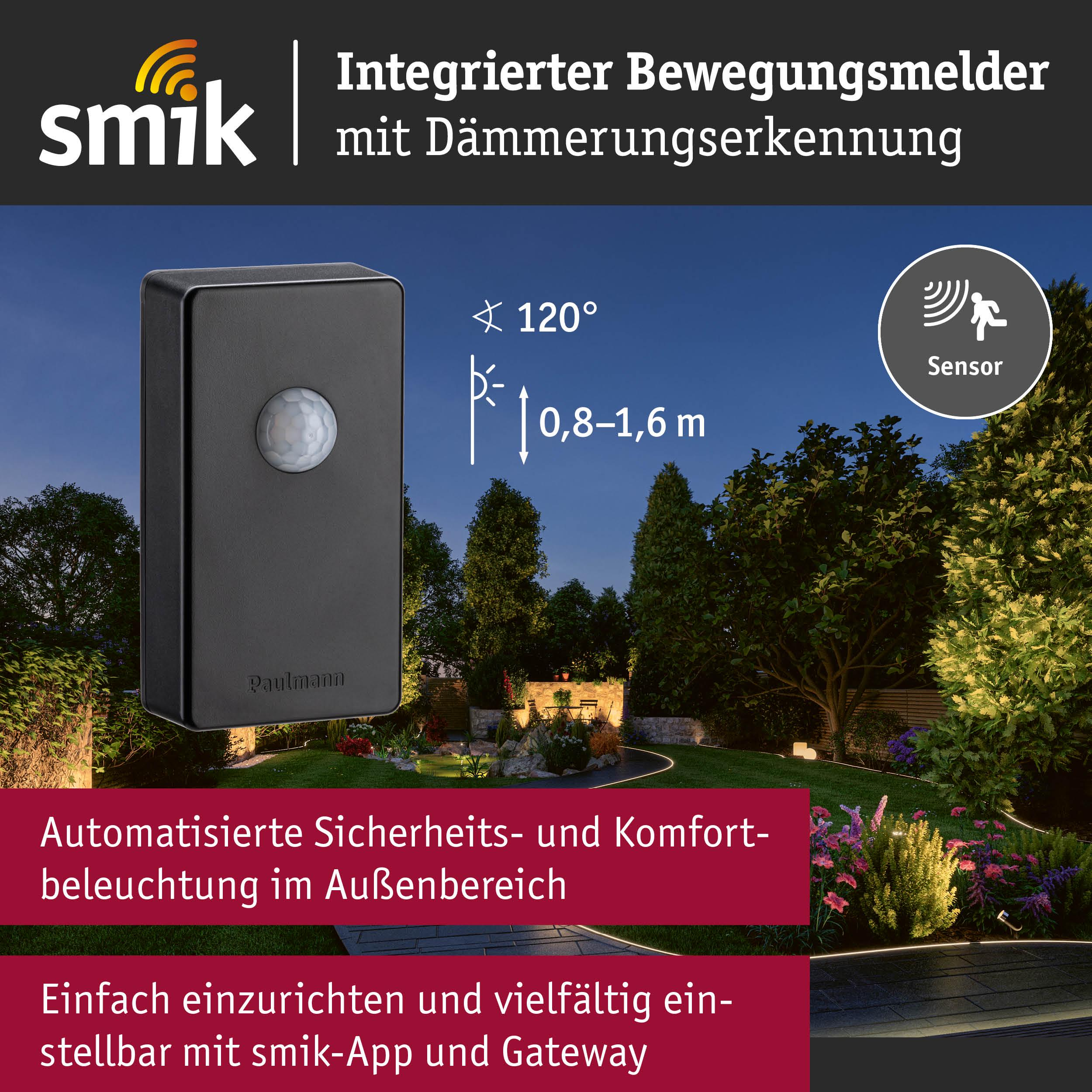 Czarny czujnik ruchu do zewnętrznego oświetlenia ogrodu.