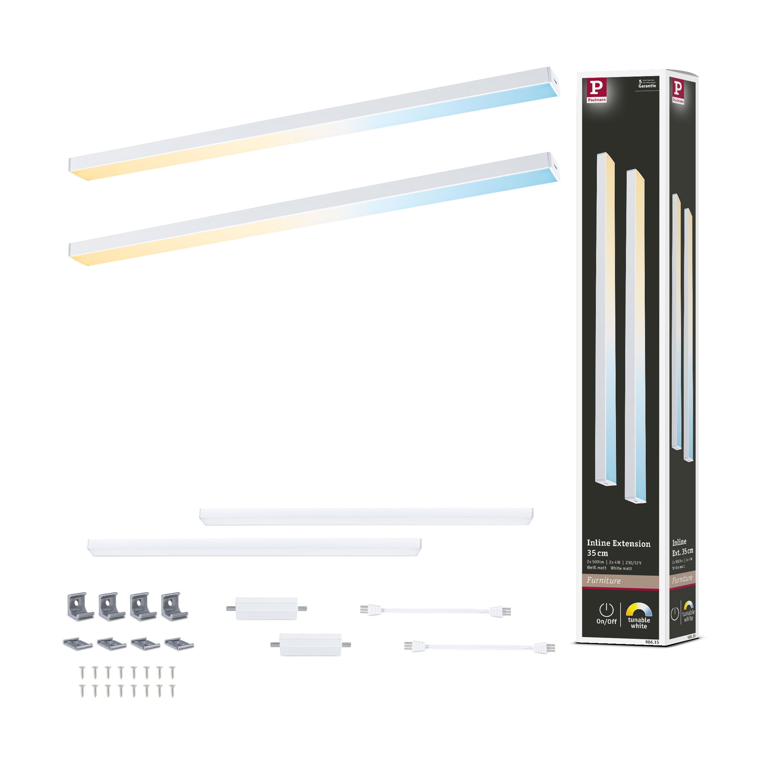 Białe światła LED z akcesoriami montażowymi i opakowaniem.