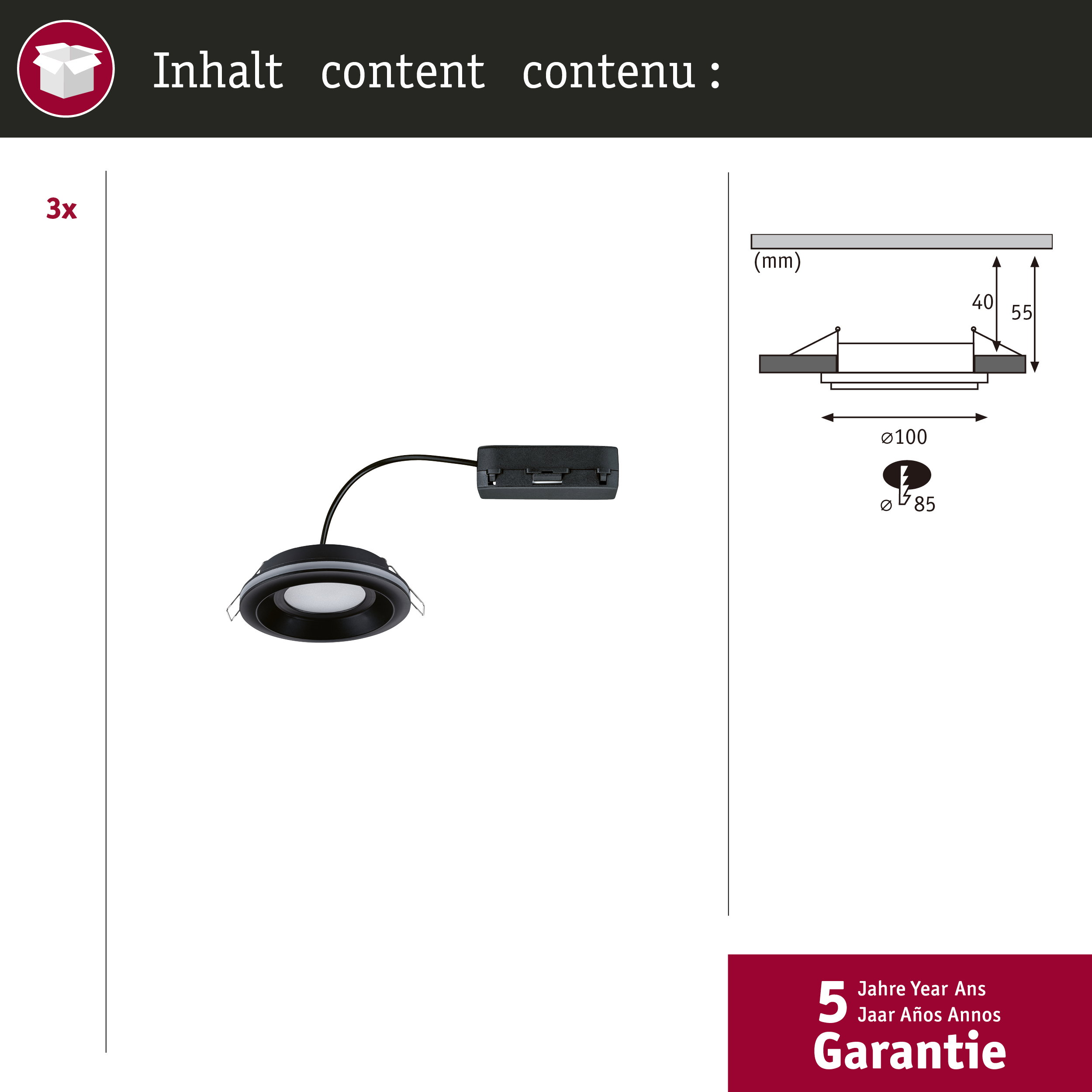 Lampa wpuszczana z czarną ramką, akcesoriami i wymiarami.