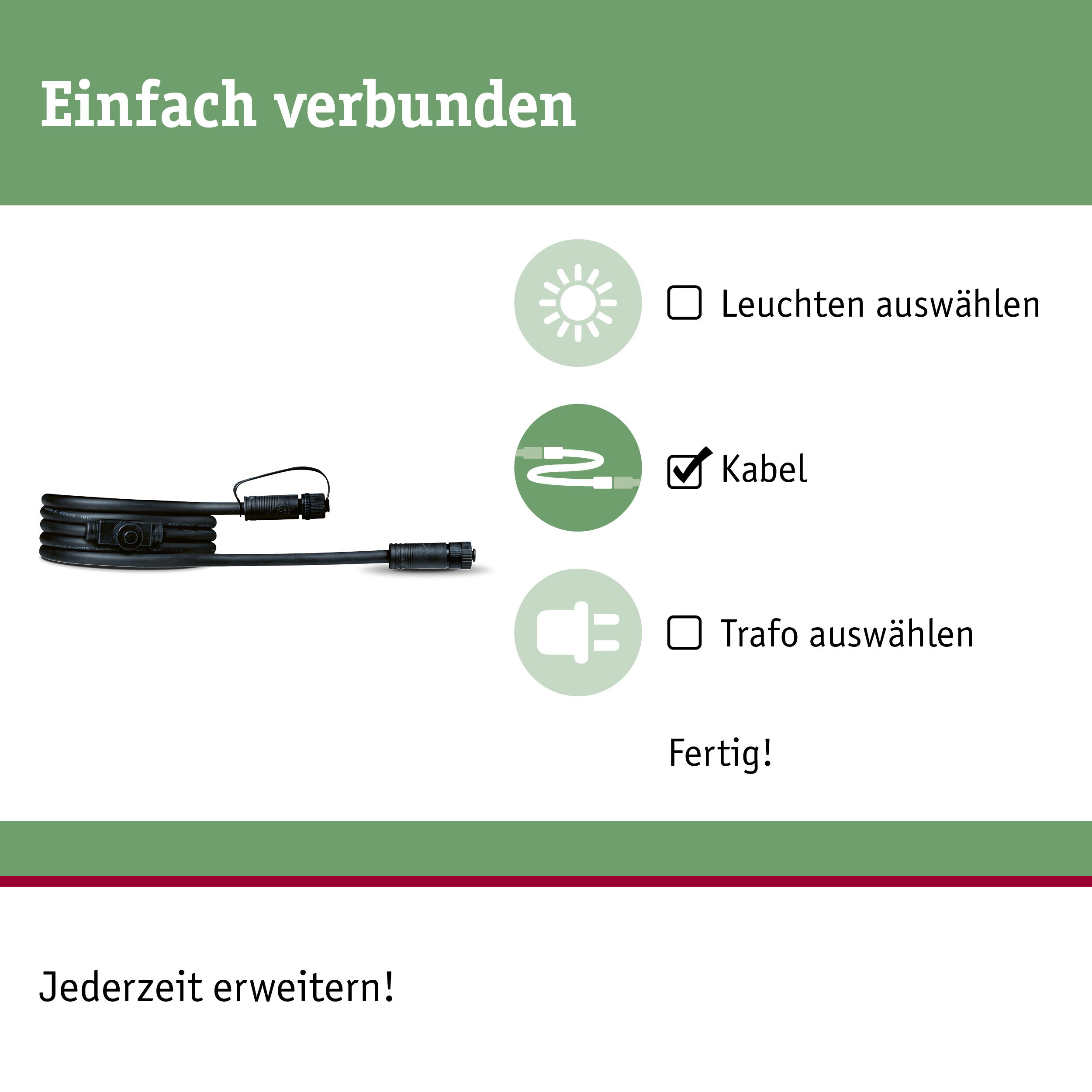 Ein schwarzes Kabel mit Steckern liegt auf weißem Grund. Daneben sind Symbole für Lichter, Kabel und Trafo.