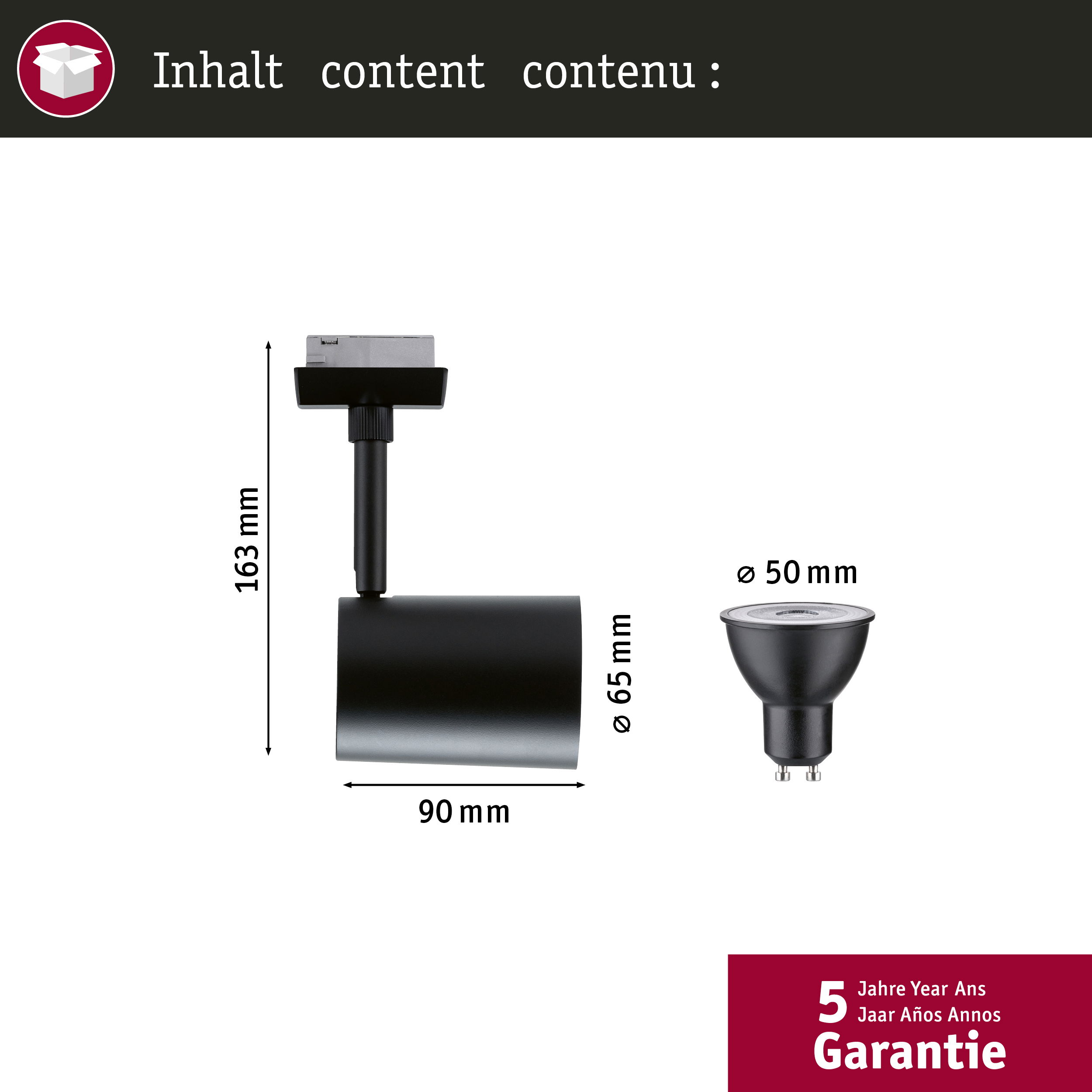 Schwarzfarbener Strahler mit Maßen 163x90mm und Birne Ø50mm.