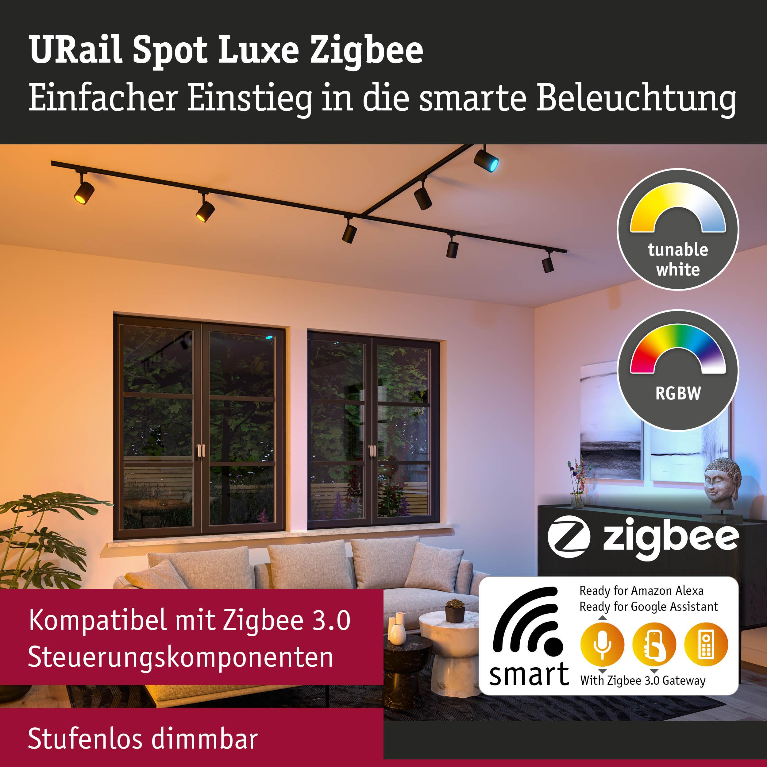 Schwarzes U-Rail-System mit vier Spots, zwei Fenster, Sofa, Pflanzen und Zigbee-Logos.