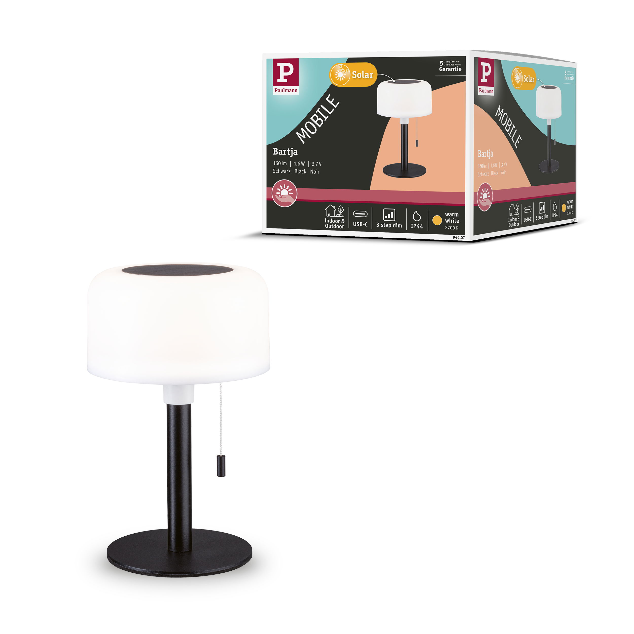 Czarna lampa podłogowa z białym kloszem i panelem słonecznym na górze.