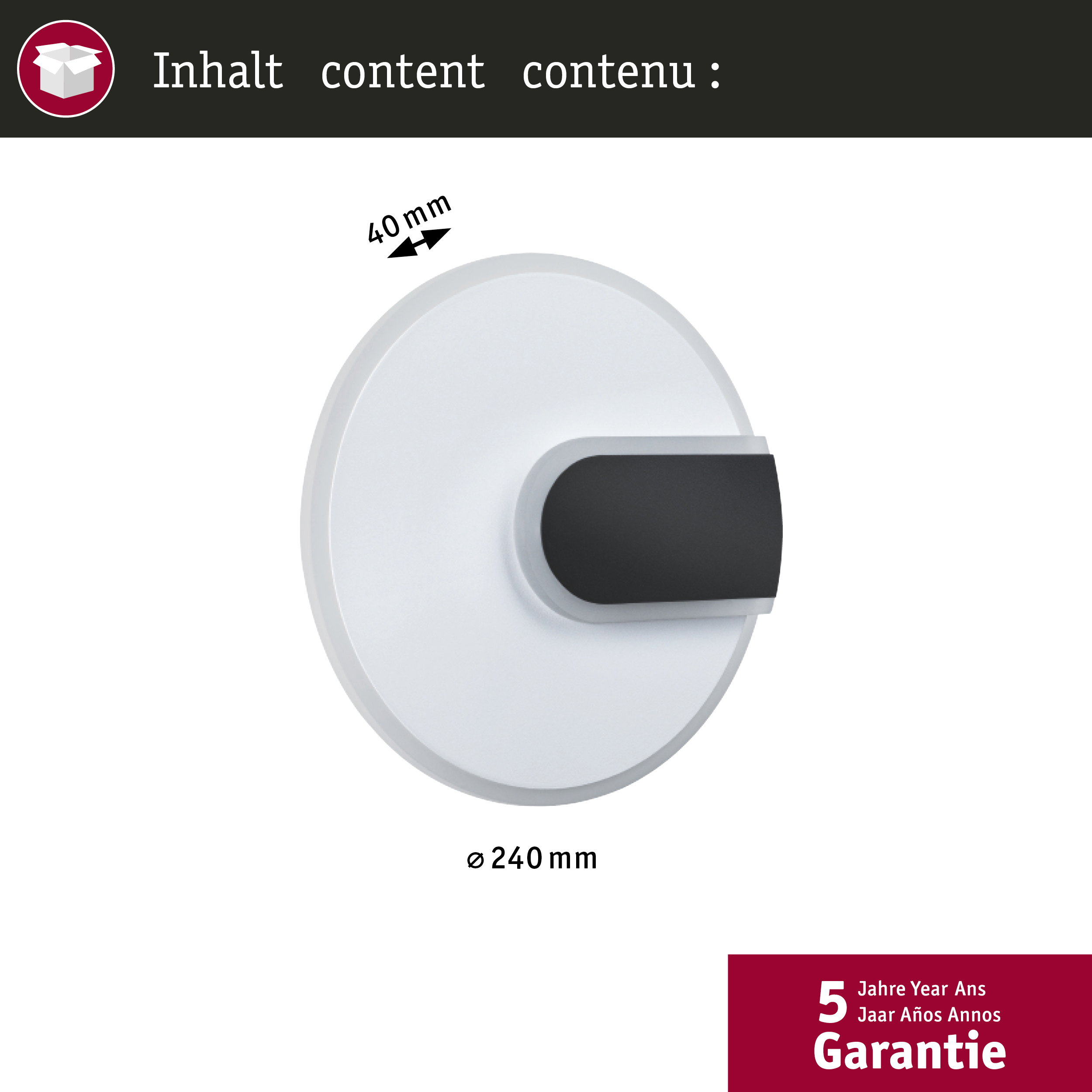 Biały okrągły dysk z czarnym uchwytem, średnica 240mm.