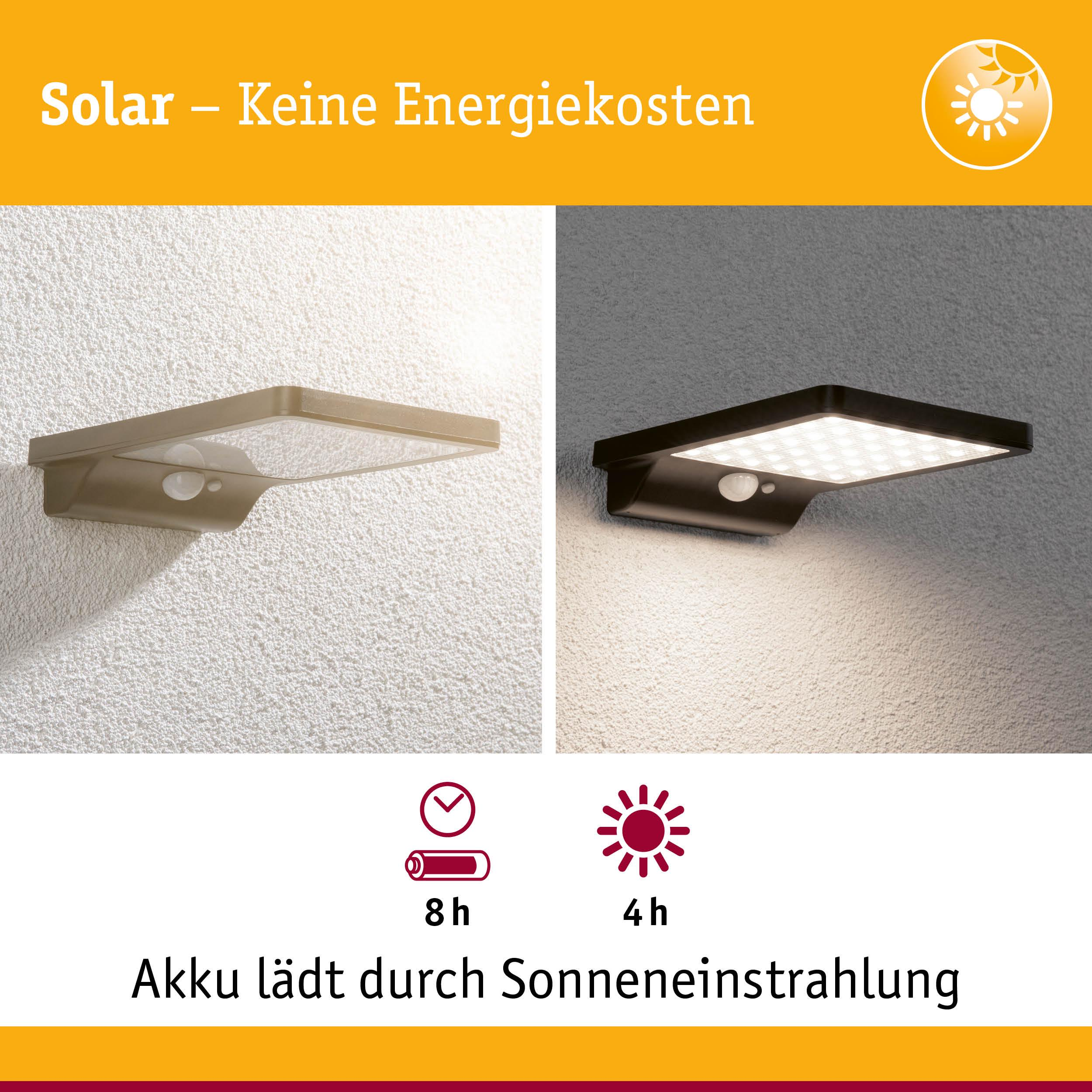 Solarleuchte an Wand, einmal aus, einmal an. Ladezeit 8h, Leuchtdauer 4h.