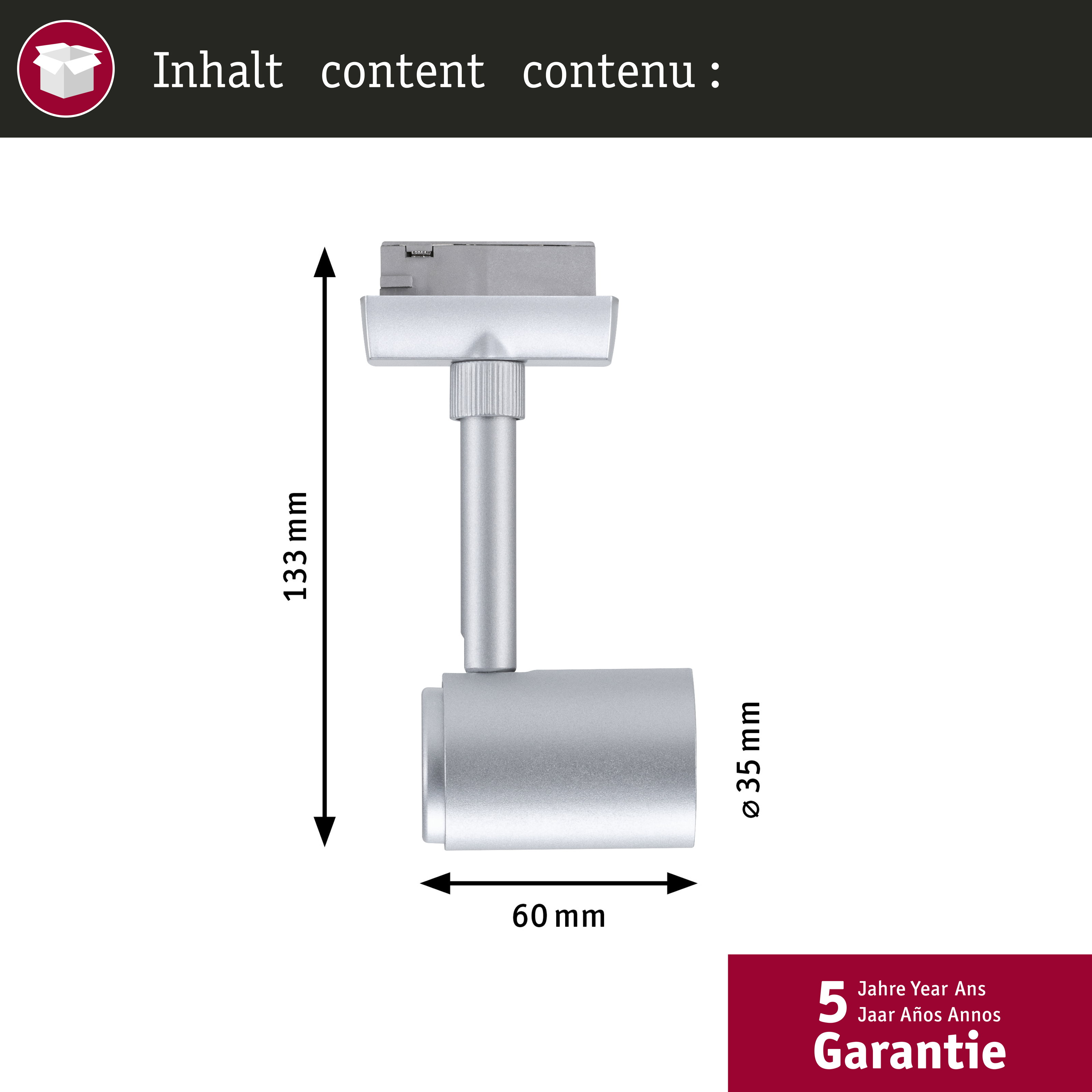 Silberne Leuchte mit Maßen 133 mm H, 60 mm B, 35 mm Ø.