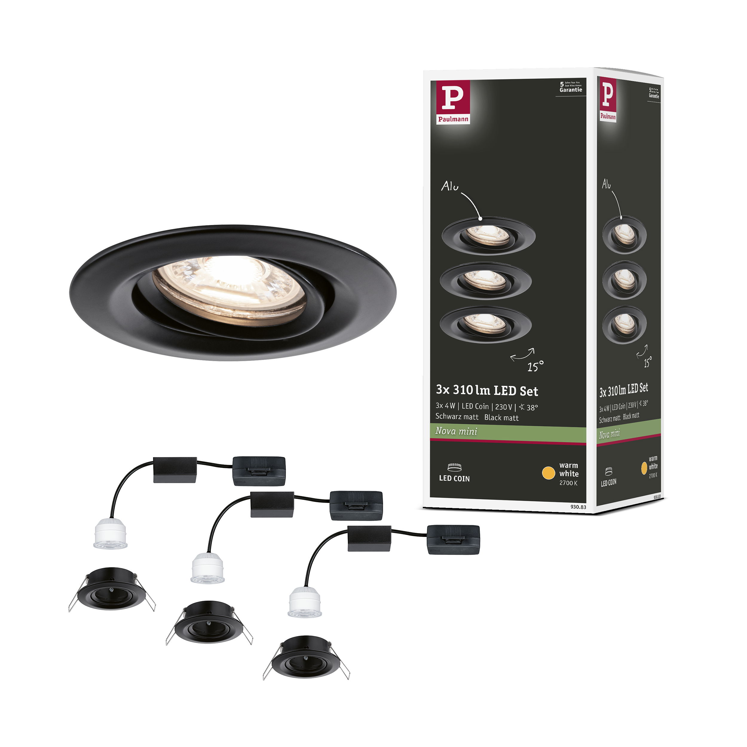 Zestaw 3 czarnych spotów wpuszczanych Paulmann z kablami i złączami.