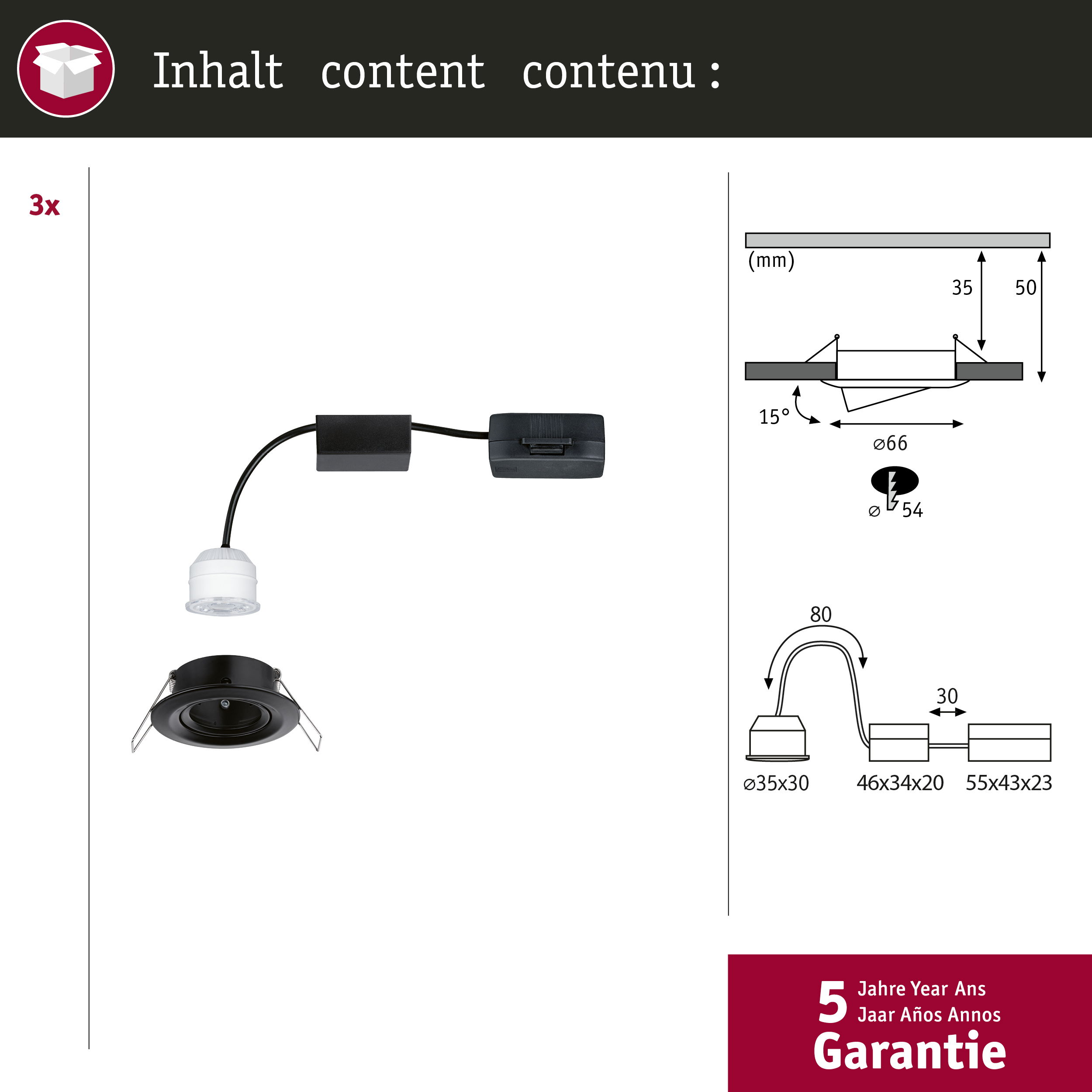 Rysunek techniczny reflektora wpuszczanego z wymiarami i elementami.