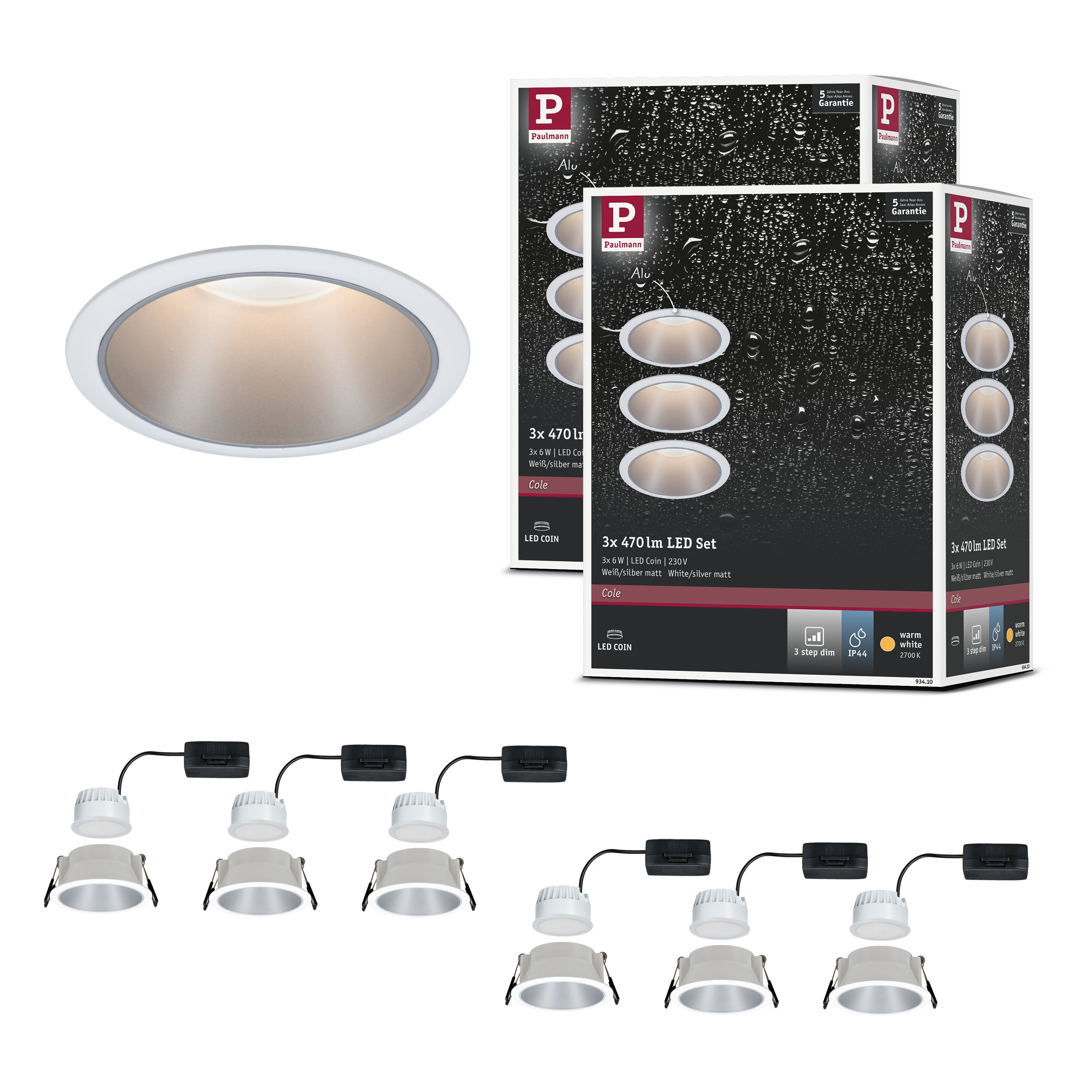 Zestawy reflektorów wpuszczanych Paulmann LED Coin i pojedynczy reflektor.