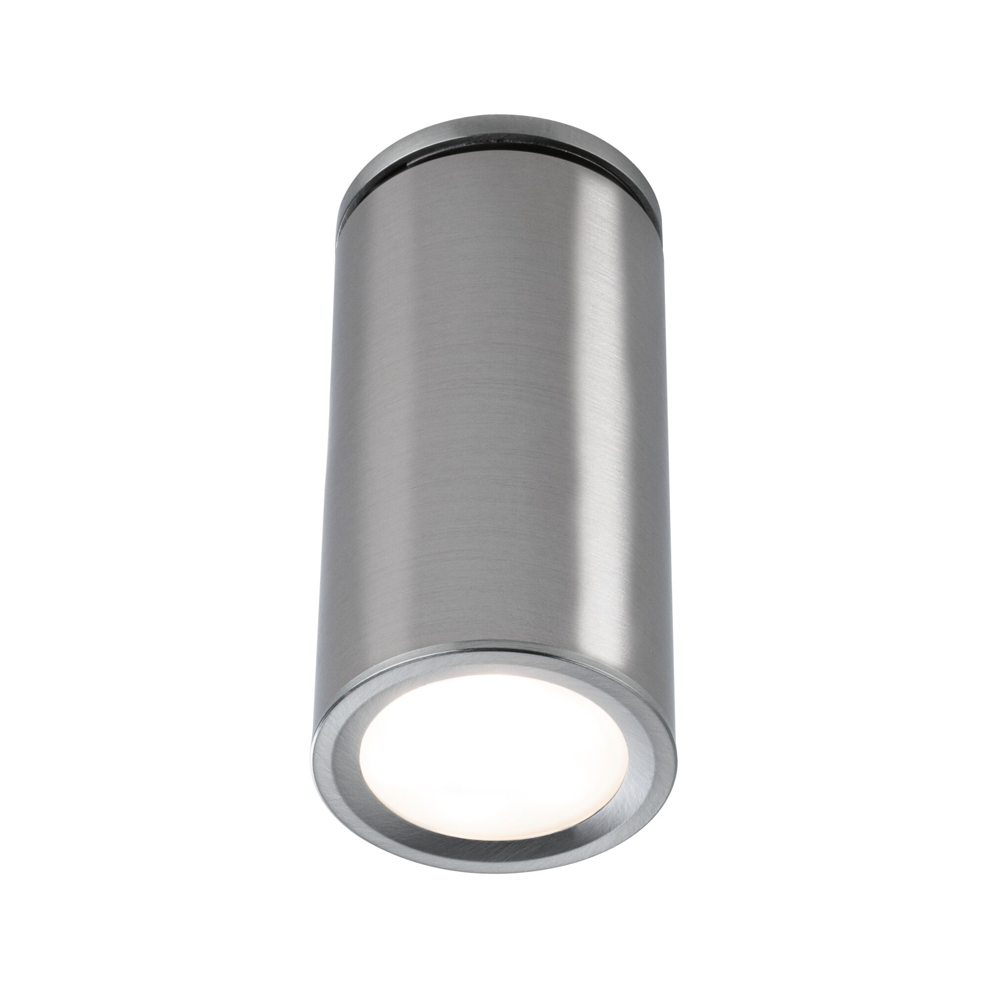 Cylindryczna lampa z szczotkowanego metalu z podświetlanym otworem.