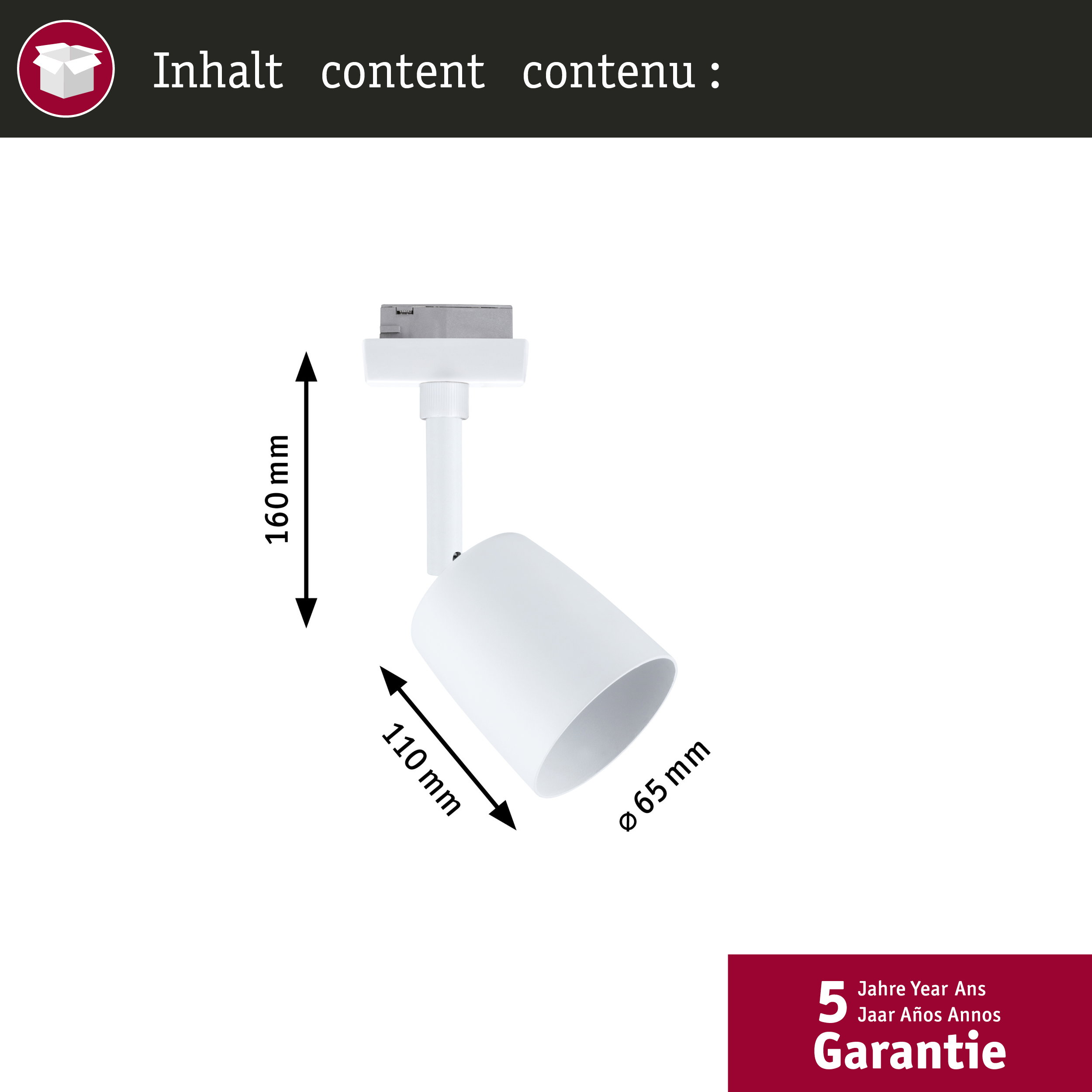 Weiße Lampe mit Maßen 160mm Höhe, 110mm Länge, 65mm Durchmesser.