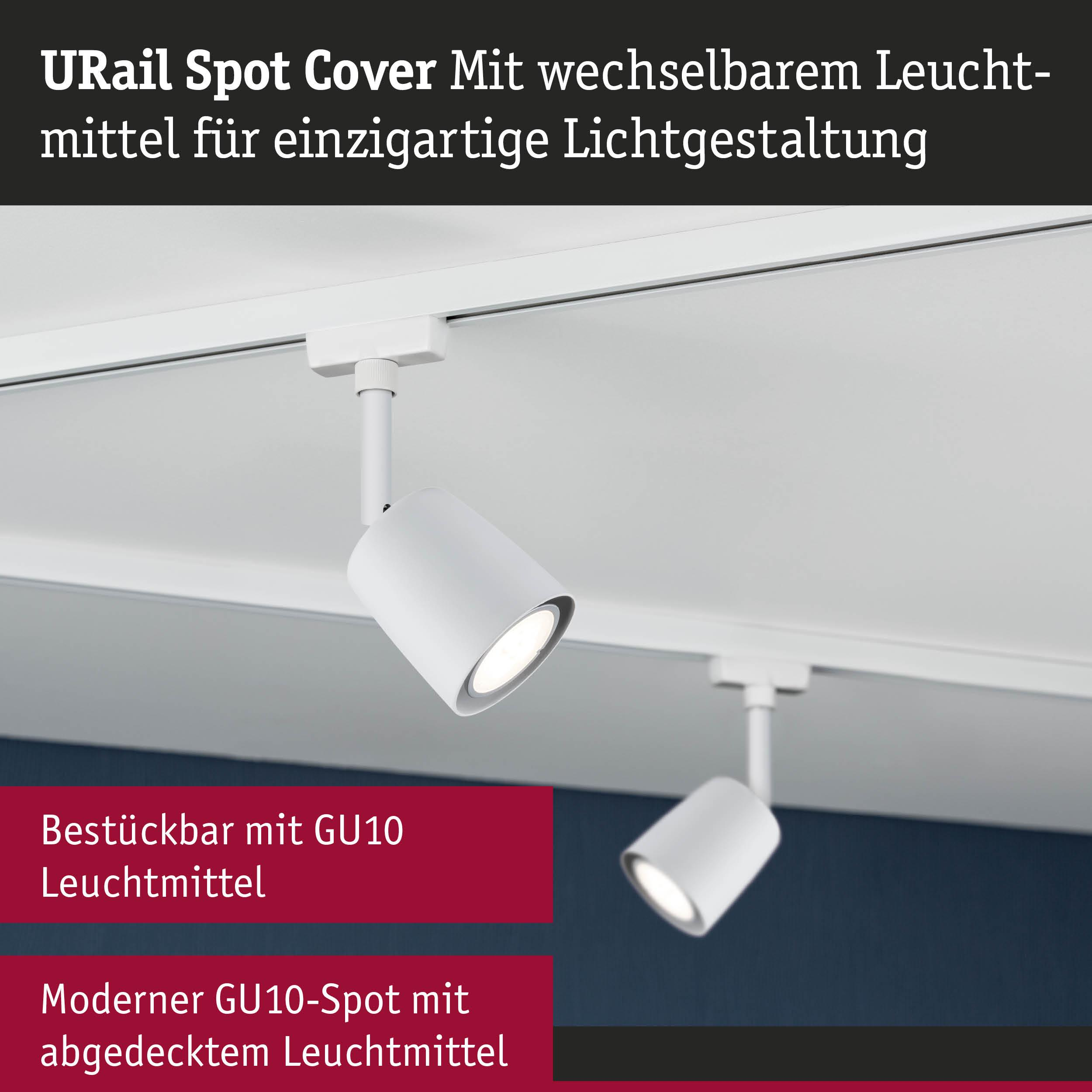 Zwei weiße Schienenstrahler mit GU10-Leuchtmitteln an einer Decke.