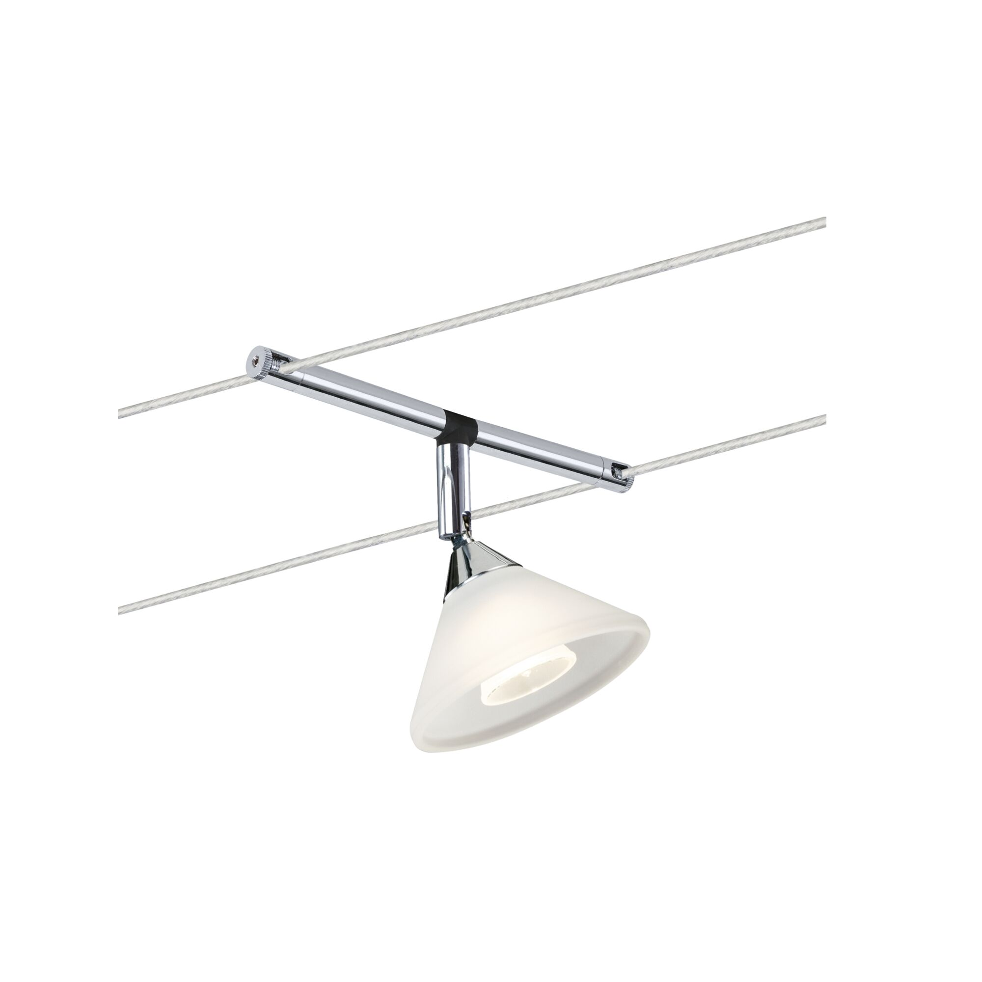 Un moderno faretto da soffitto con paralume bianco orientabile su braccio cromato.