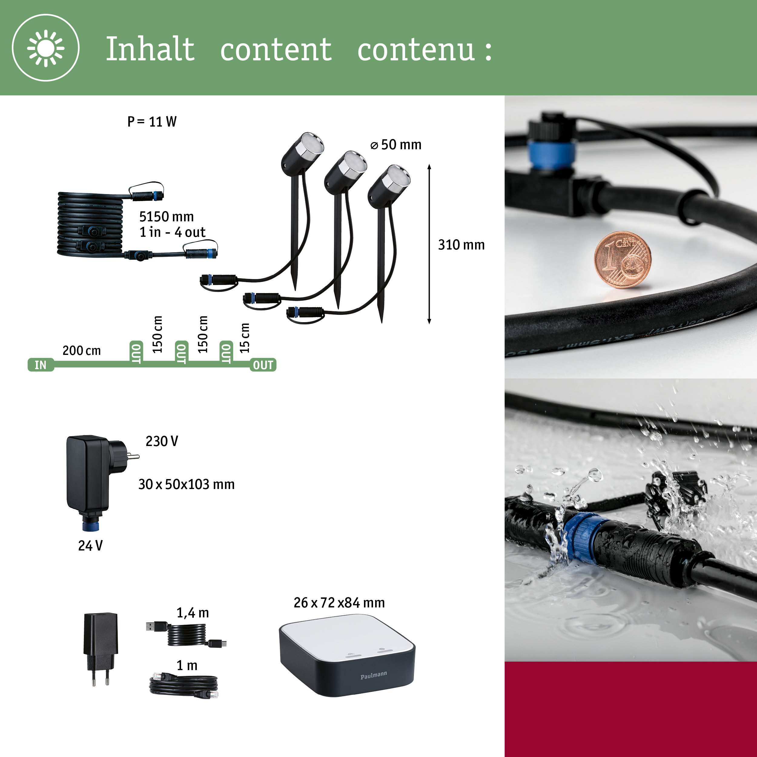 Zestaw oświetlenia ogrodowego z kablami, zasilaczem i jednostką sterującą. Podano wymiary i moc.