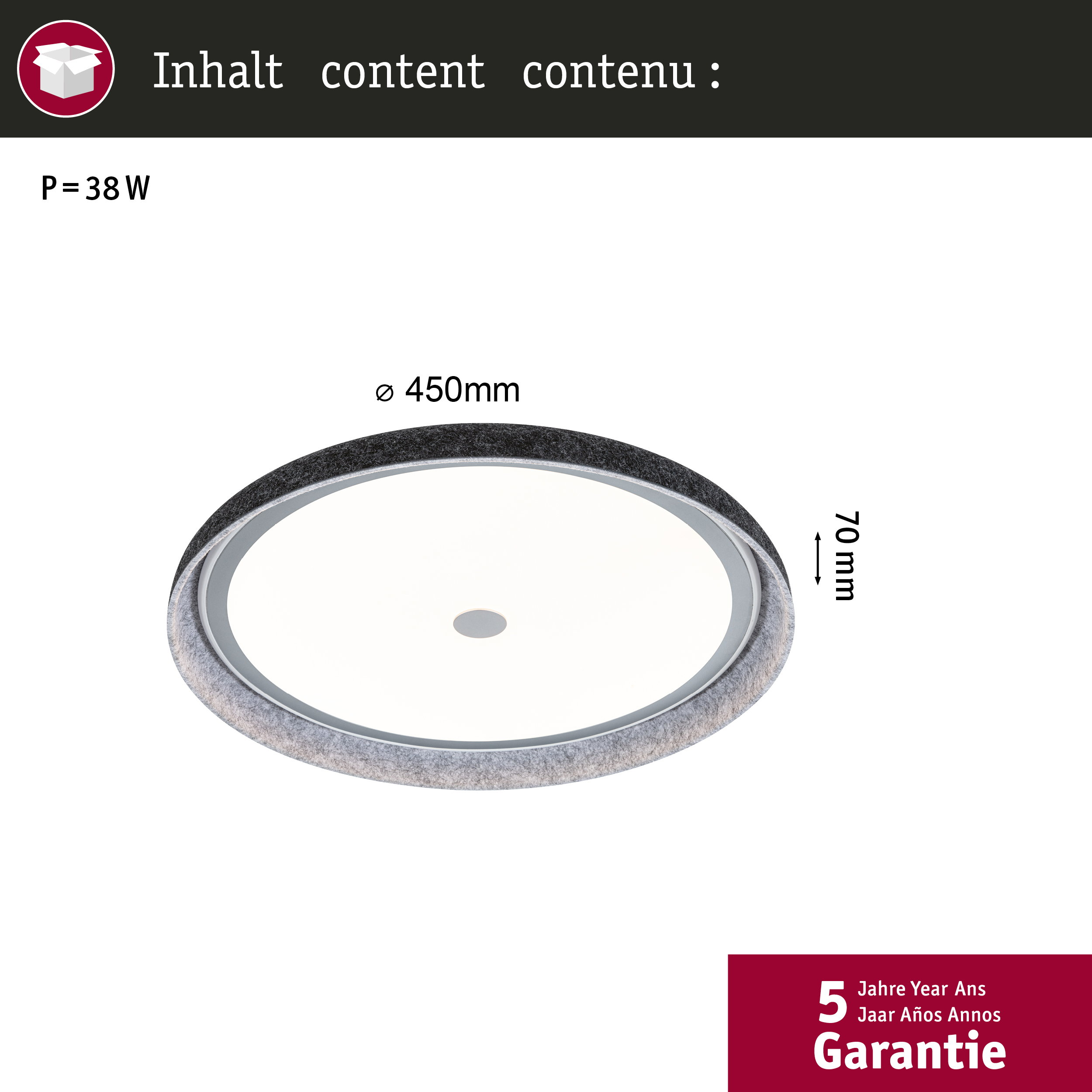 Okrągła lampa sufitowa o średnicy 450mm i wysokości 70mm.