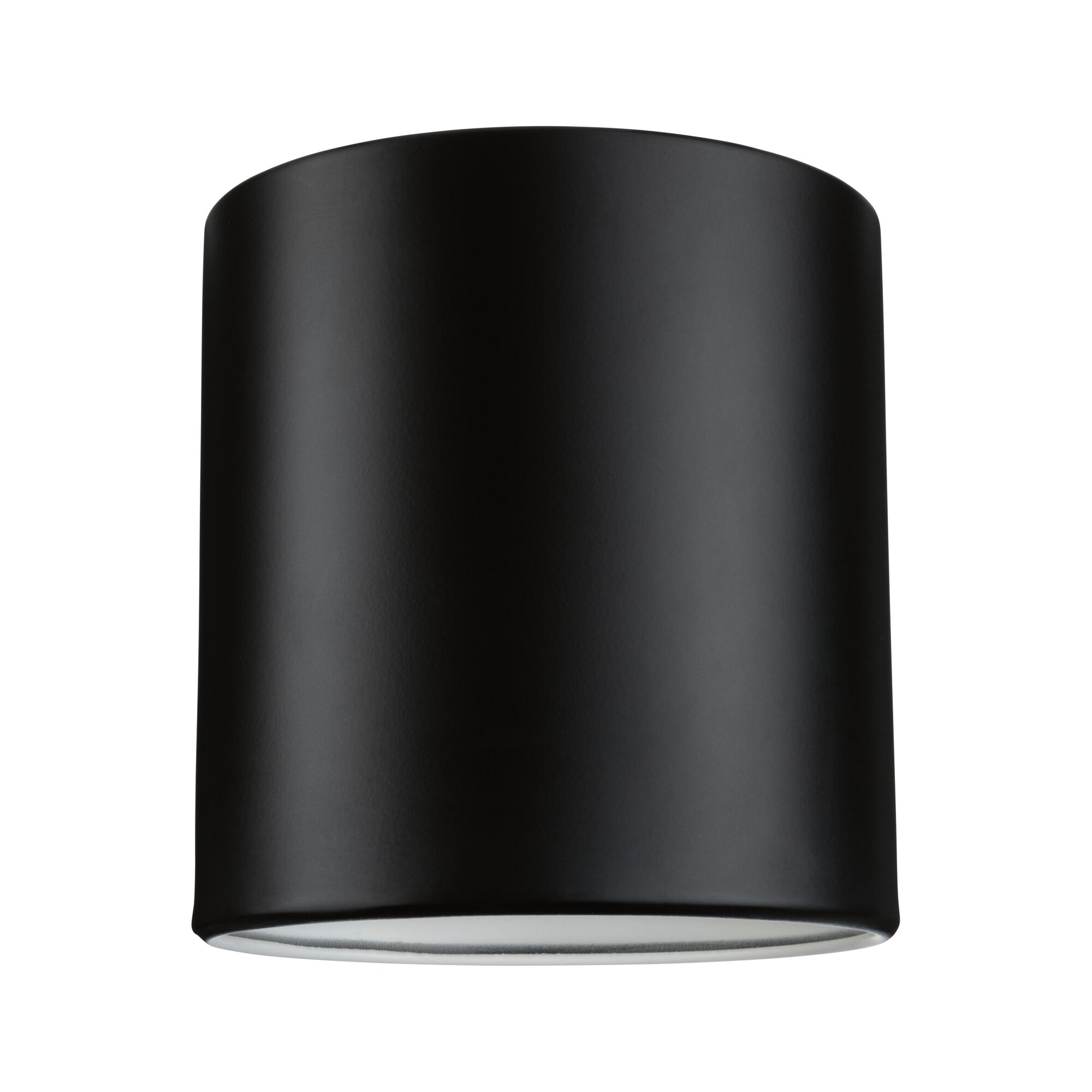 Eine schwarze zylindrische Lampe mit weißem Rand.
