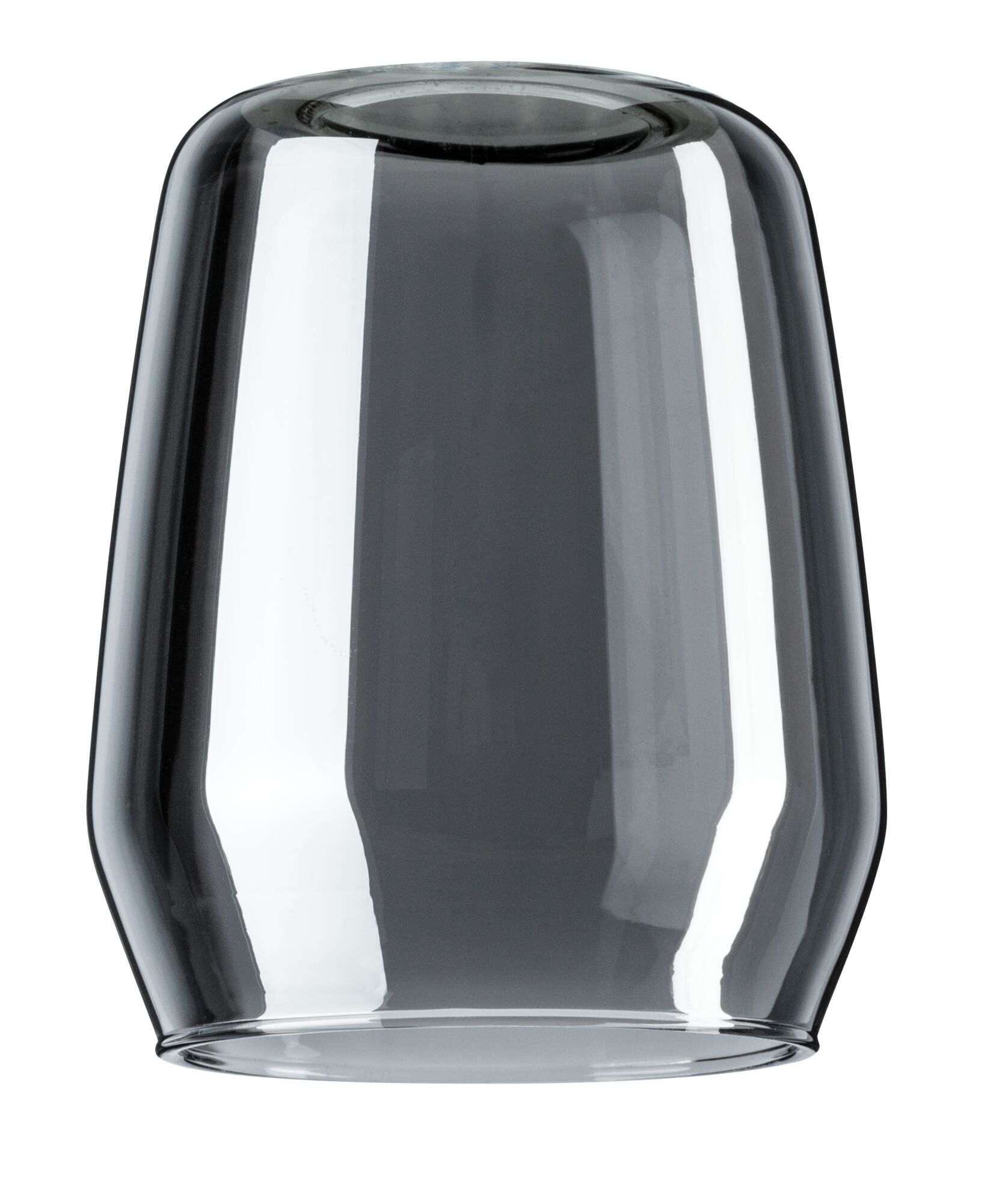 Ein grauer, transparenter Glasbehälter mit breiter Öffnung und schmaler Basis.
