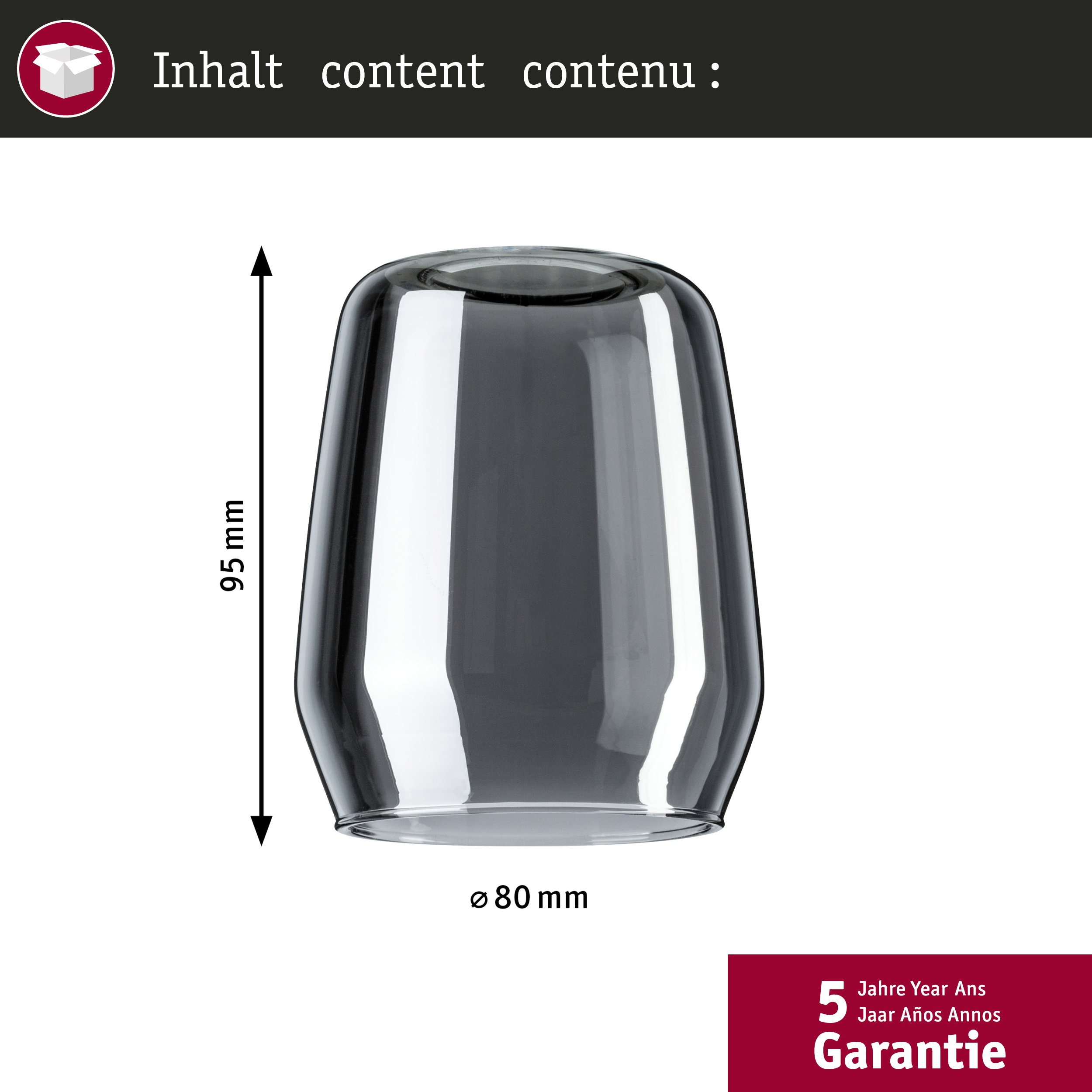 Grauer Glaszylinder, 95 mm hoch, 80 mm Durchmesser. 5 Jahre Garantie.